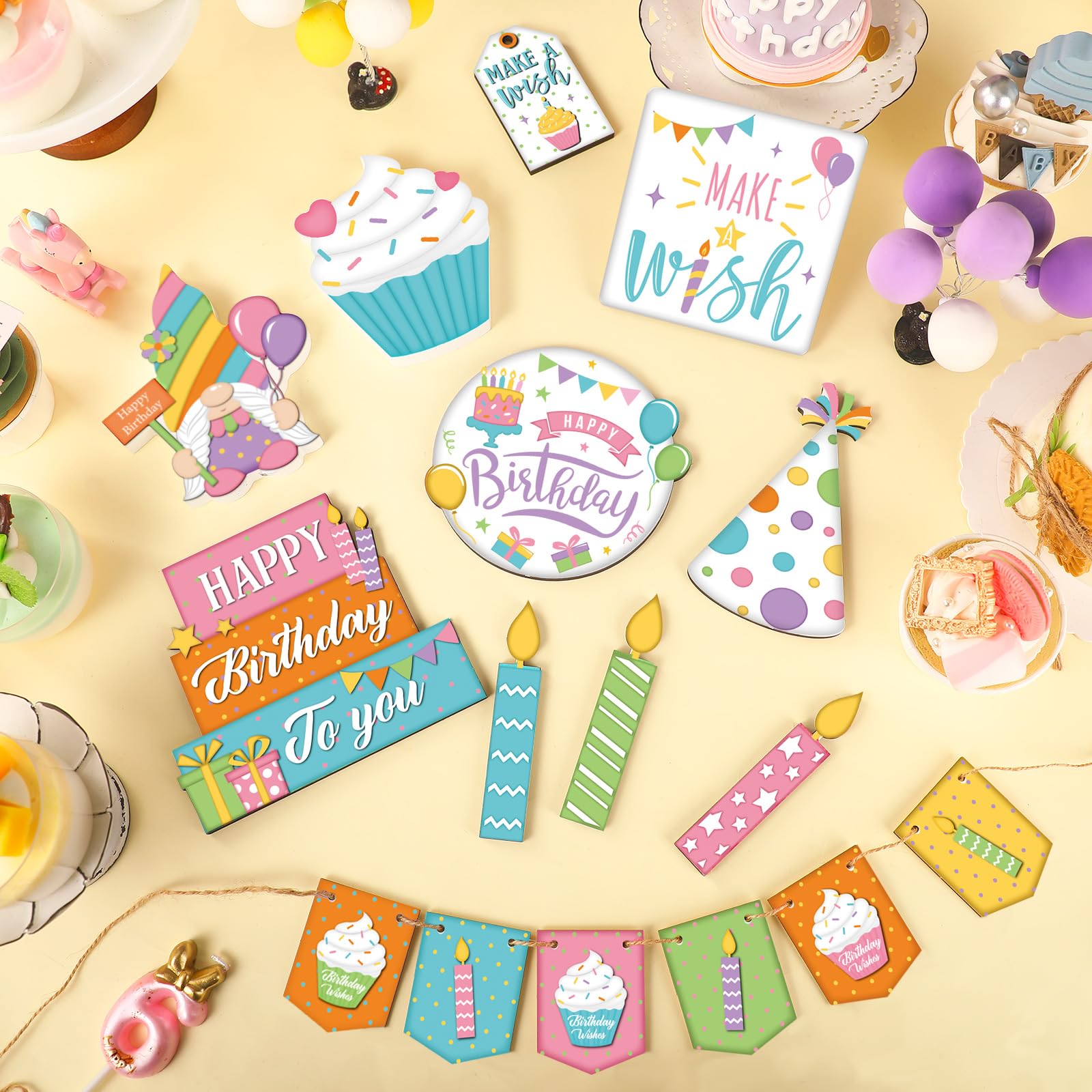 14-Piece Farmhouse Birthday Tiered Tray Decor Set - Wooden Happy Birthday Sign, Cupcake Toppers & Party Table Decorations - Perfect for Birthday Parties, Baby Showers & Home Decor