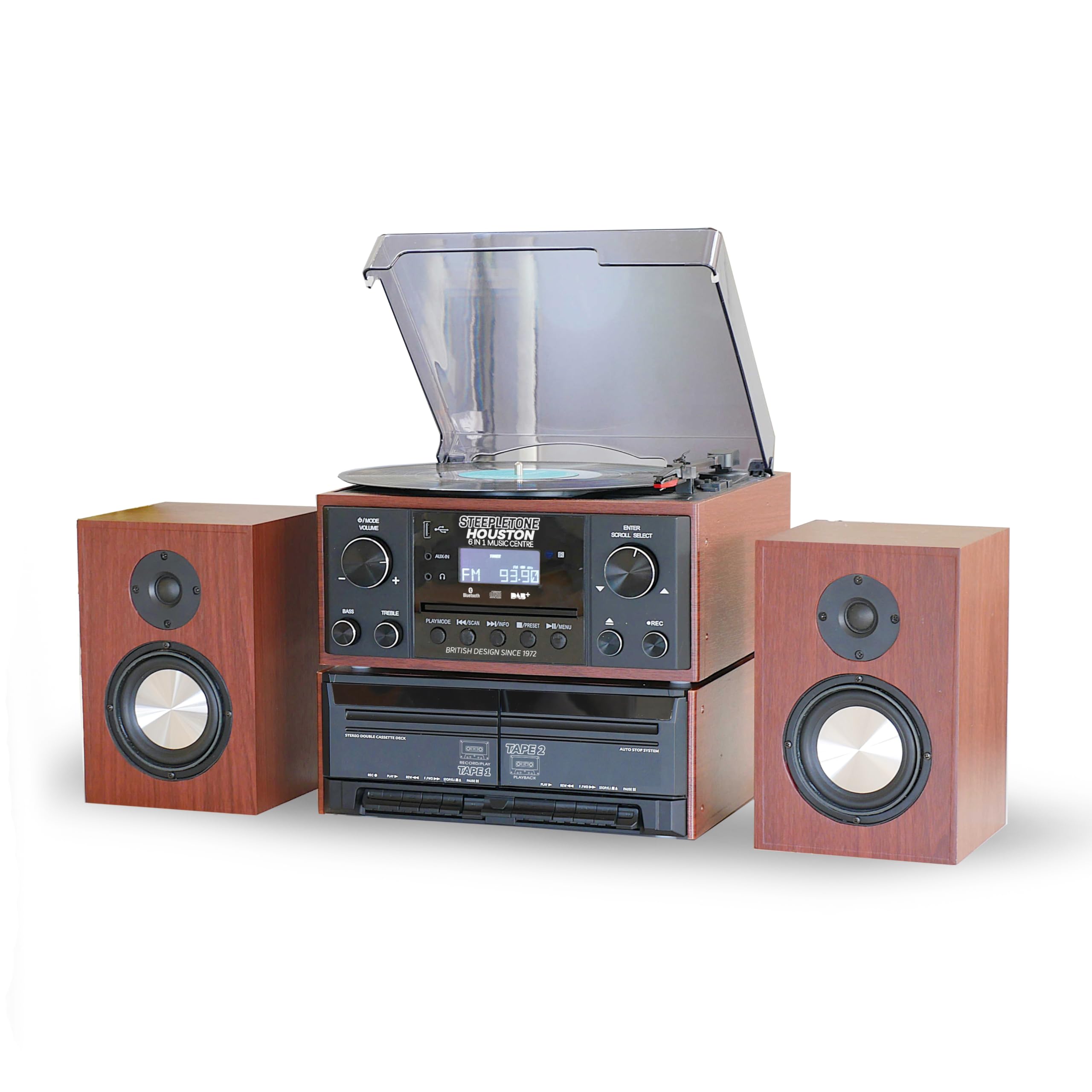 Steepletone HOUSTON Black 6-in-1 Bluetooth Music Center - Vinyl Record Player, CD Player, Cassette Deck, DAB+/FM Radio, USB MP3 Playback & Encoding with Remote Control & Wireless Speakers | Perfect for Home Entertainment, Vintage Music Lovers & Multi-Format Audio Enthusiasts