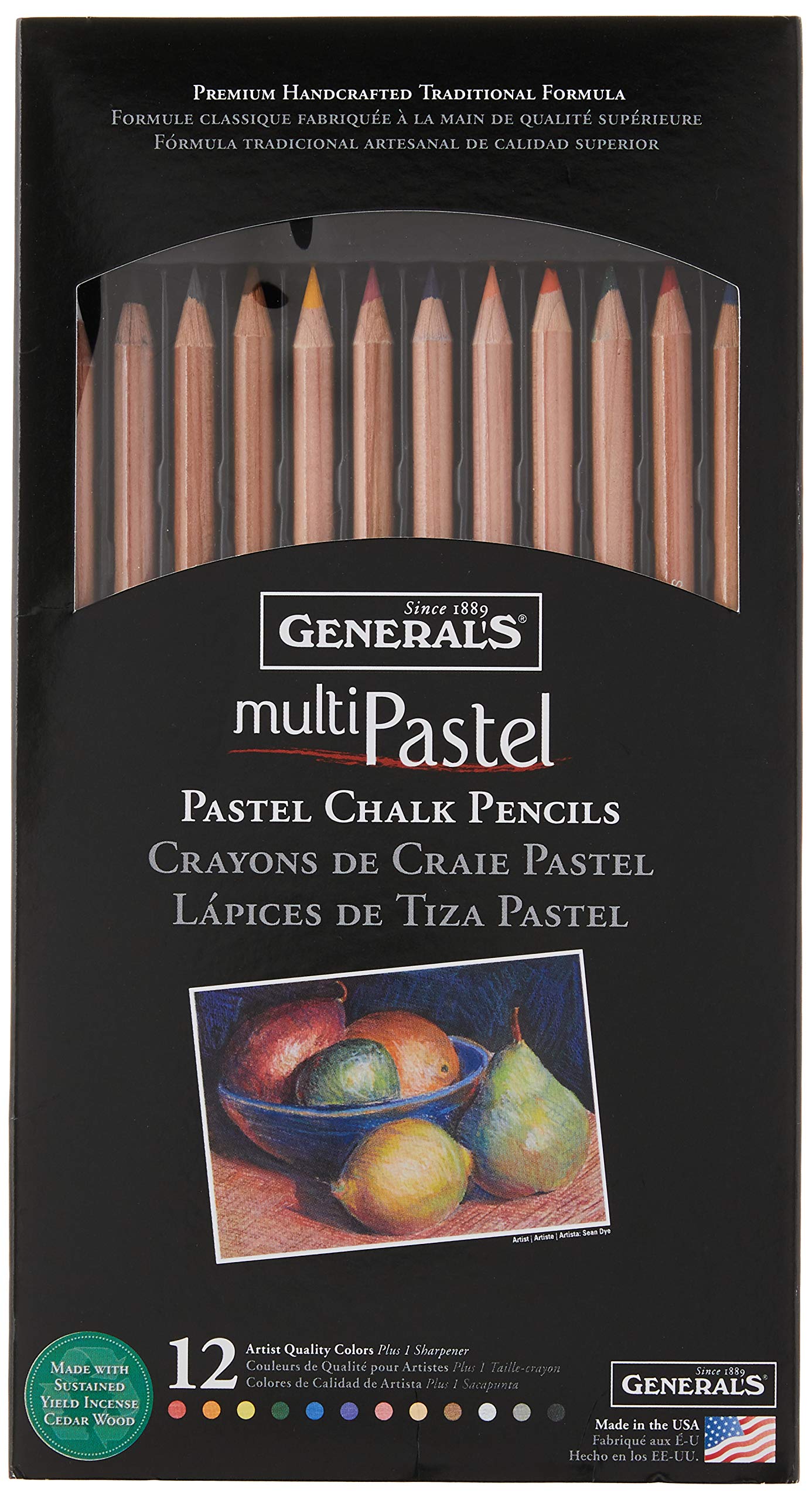 General's Pastel Chalk Pencils Set - 12 Vibrant Colors for Artists & Sketching - 7 x 1/4 x 1/4 in - Perfect for Drawing, Blending & Shading Techniques