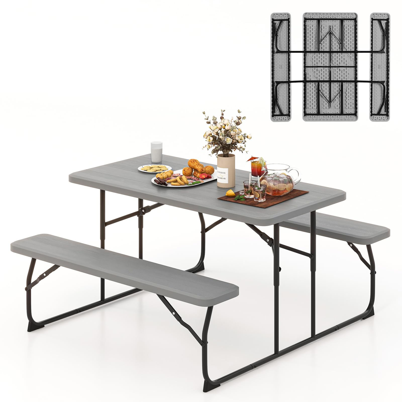 Tangkula Folding Picnic Table with 2 Benches - Portable Outdoor Metal Camping Table Set with Durable Plastic Wood-Like Tabletop & Sturdy Steel Frame - Foldable for Picnics, Parties, BBQ, Camping, Backyard & Tailgating (Grey)