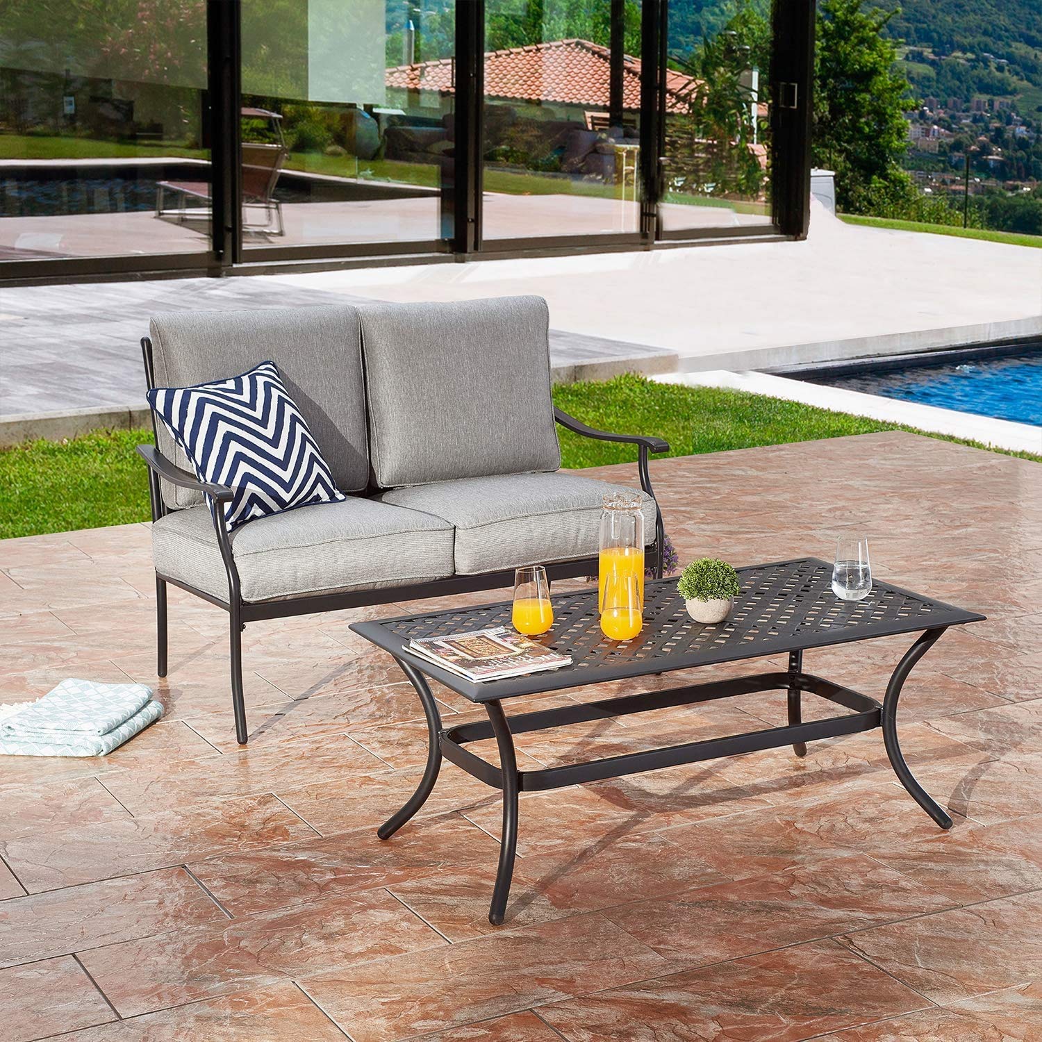 LOKATSE HOME 2-Piece Outdoor Loveseat Set - Patio Conversation Furniture with Cushions & Coffee Table - Metal Bistro Chair Bench for Garden, Backyard, Deck - Weather-Resistant Gray Set for Relaxing & Entertaining