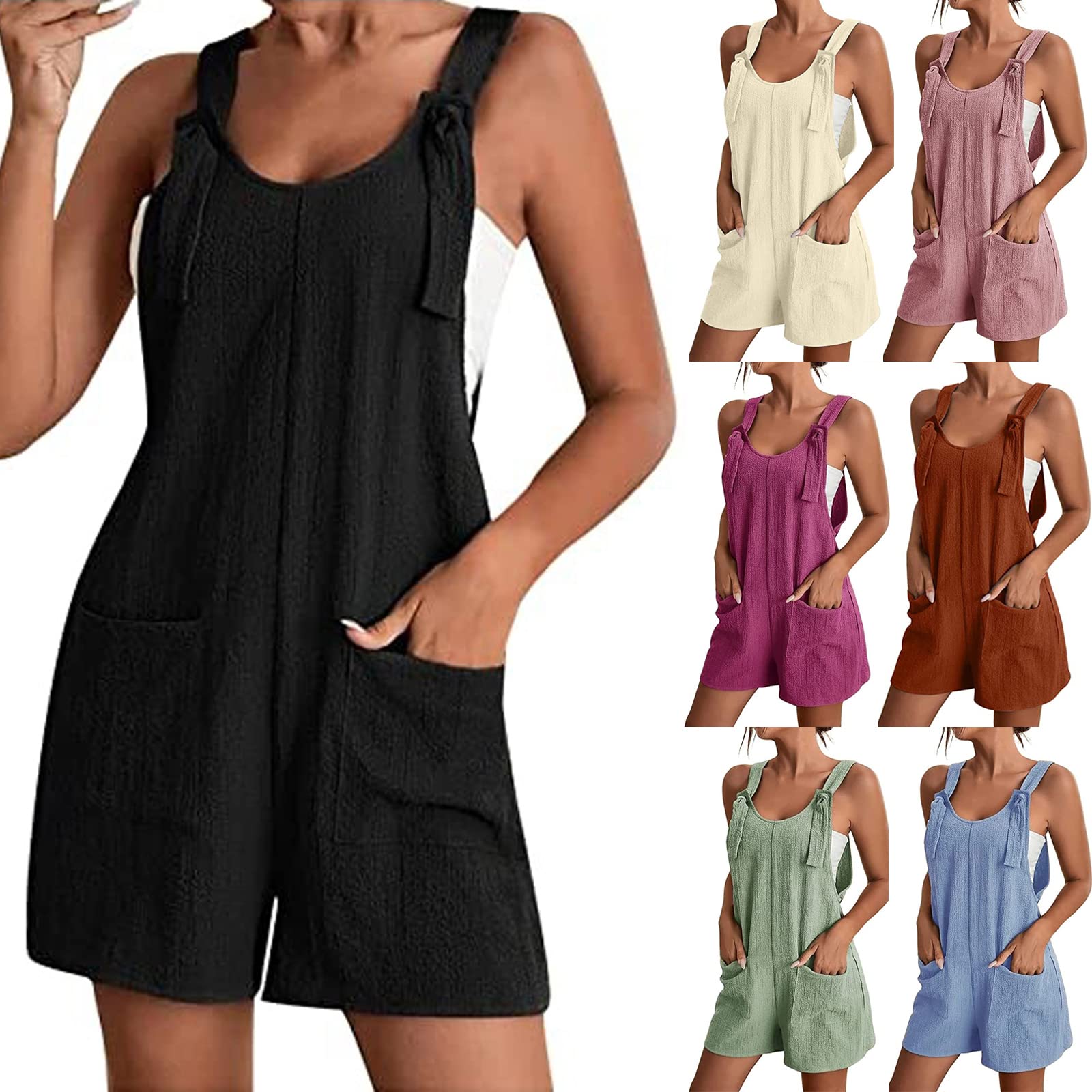 Women's Cotton Linen Sleeveless Romper Jumpsuit with Pockets - Casual Summer Overalls Shorts for Outdoor Activities, Beach & Vacation Wear