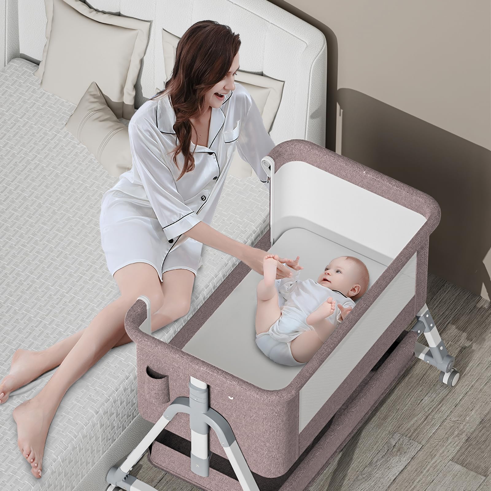 Jaoul 4-in-1 Adjustable Baby Bassinet Bedside Sleeper & Portable Crib with Comfortable Mattress, Mosquito Net & Storage - Ideal for Newborns & Infants - Perfect for Nursery, Bedroom & Travel (Khaki)
