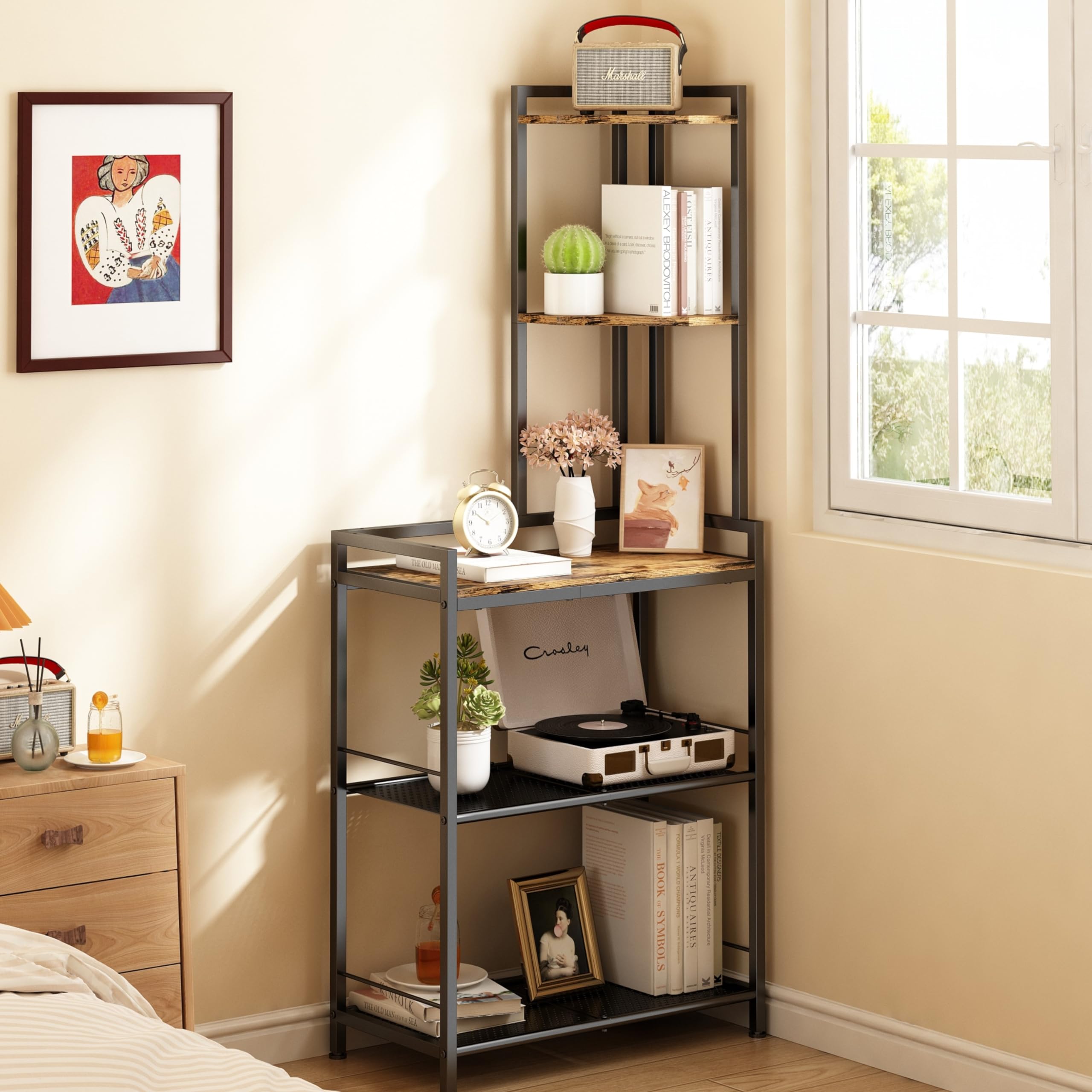 GILLAS 5-Tier Metal Corner Bookshelf - Freestanding Tall Storage Shelf Organizer for Living Room, Bedroom, Office - Rustic Industrial Style Space-Saving Solution | Perfect for Small Apartments & Home Decor