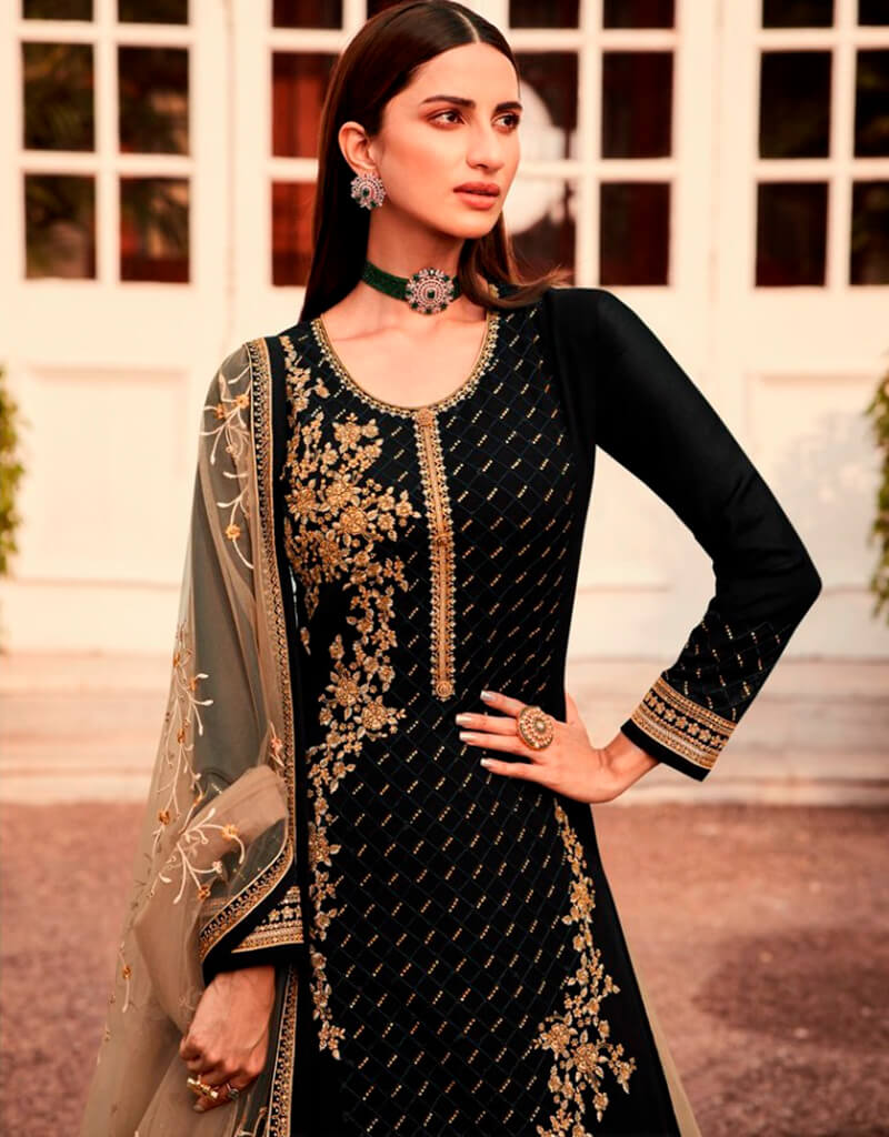 Black Chudidar Style Semi-Stitched Suit Set for Women | Elegant Indian Ethnic Wear | Perfect for Weddings, Festivals & Special Occasions