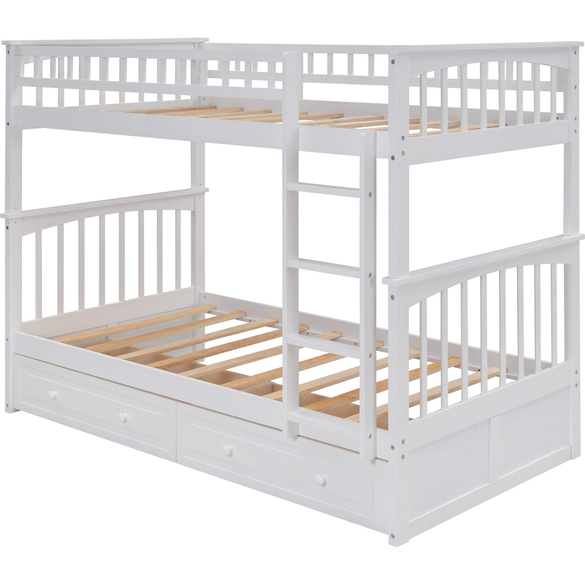 **Solid Wood Bunk Bed with Storage Drawers & Ladder - Twin Size, White - Space-Saving Kids, Teens & Adults Bed for Small Rooms, Dorms & Guest Rooms**