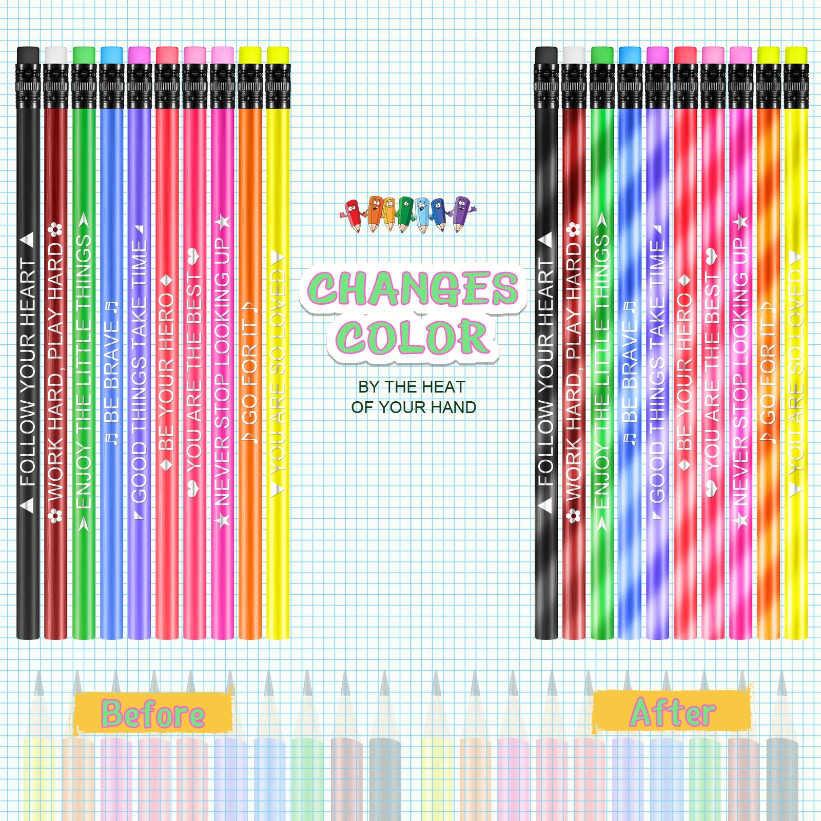 40 Pcs Color Changing Mood Pencils with Motivational Quotes - 2B Thermochromic Pencils with Eraser for School, Office & Art Projects - Fun Writing Tools That Change Color with Temperature