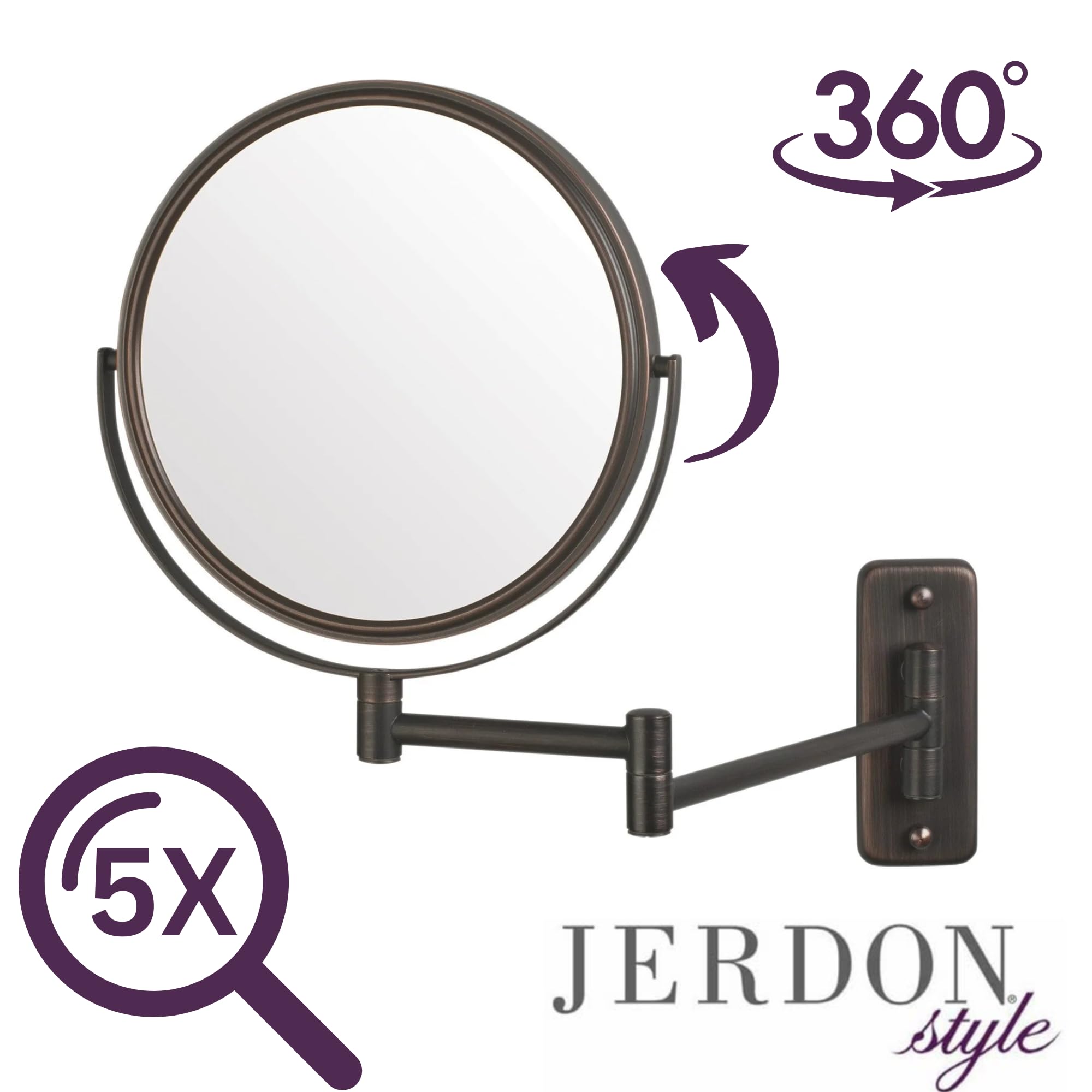 JERDON 8-Inch Two-Sided Wall-Mounted Makeup Mirror with 5X Magnification - Bronze Finish Vanity Mirror for Bathroom & Bedroom - Perfect for Makeup Application, Skincare Routine and Hair Styling - Model JP7506BZ