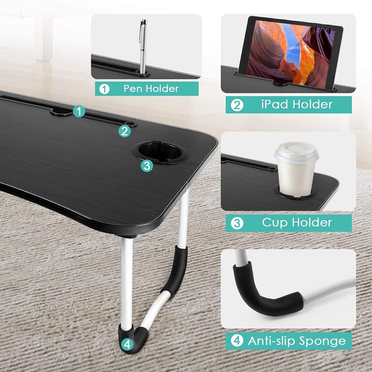 Portable Adjustable Laptop Desk Stand - Foldable Bed Tray Table with Cup Holder for Notebook, Breakfast, Reading & Watching Movies - Perfect for Home Office, Dorm Room, Sofa & Bed Use (Black)