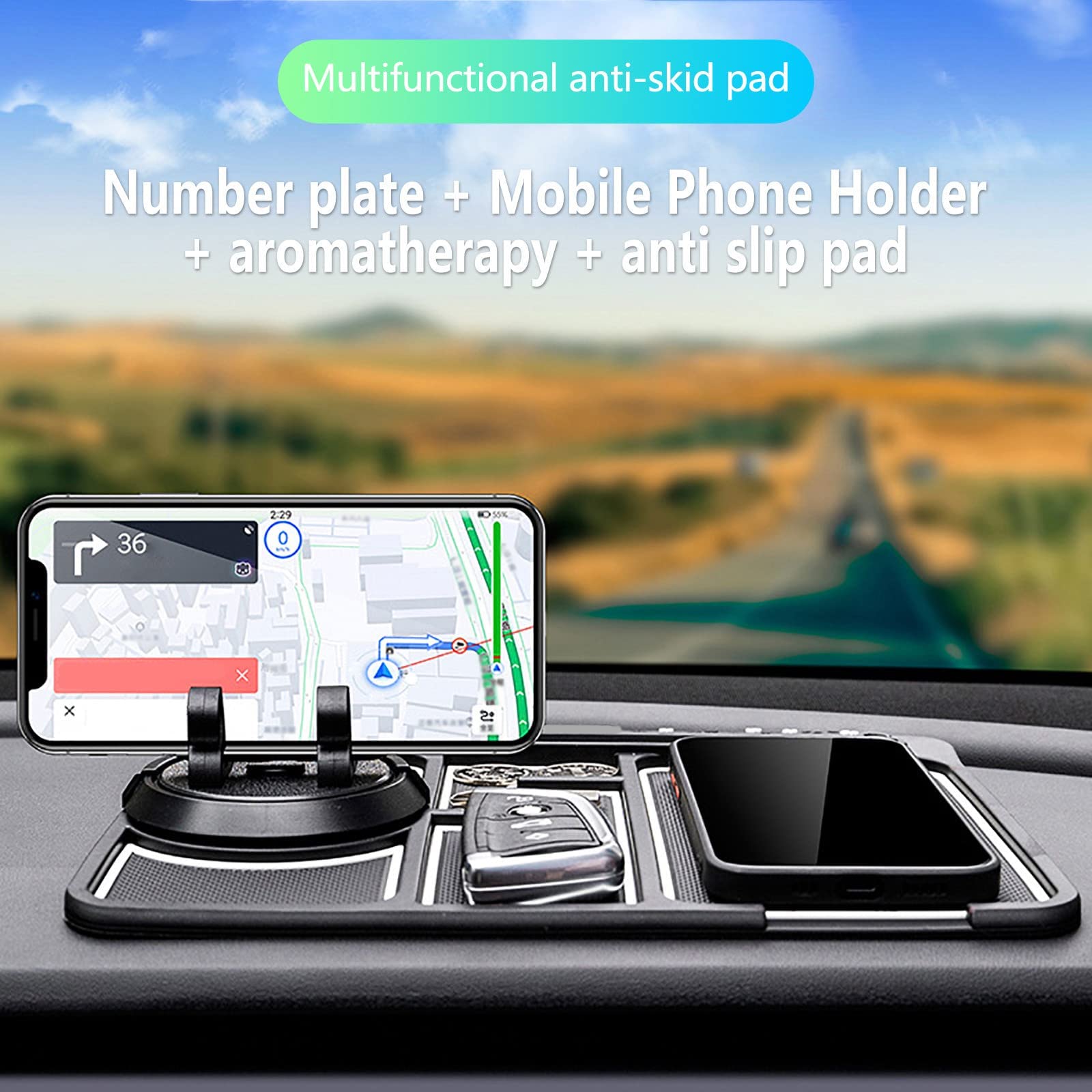2023 Non-Slip Glow in the Dark Car Dashboard Phone Mat - 4-in-1 Universal Anti-Shake Phone Holder with Temporary Parking Card & Aromatherapy Pad (Red) | Perfect for Night Driving, Road Trips & Daily Commute