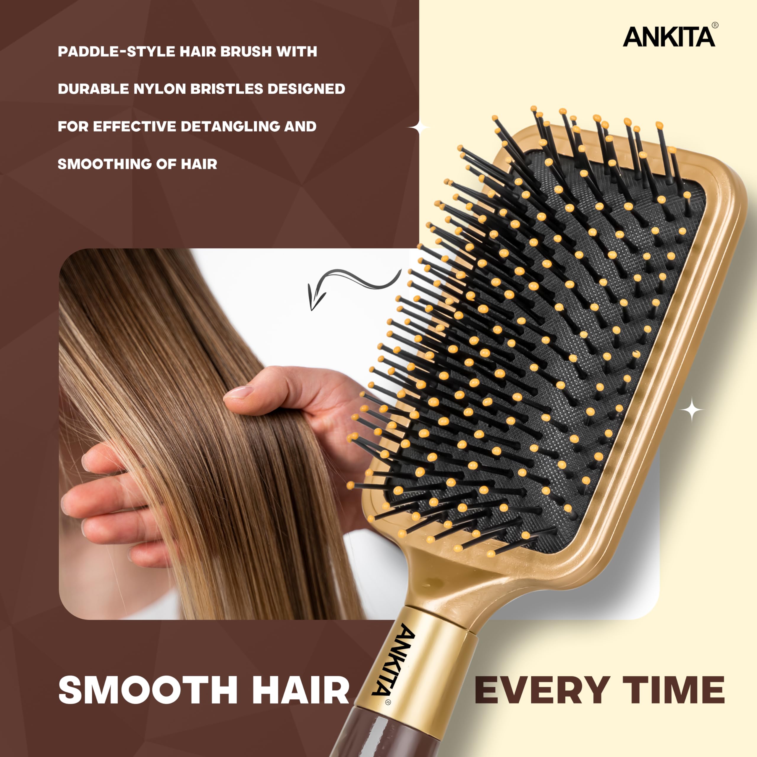 Ankita Golden Paddle Hair Brush with Nylon Bristles - Strong & Flexible Soft Bristles for Grooming, Straightening, Smoothing & Detangling Hair - Ideal for Men & Women (A5) - Perfect for Daily Hair Care, Styling & Salon Use at Home