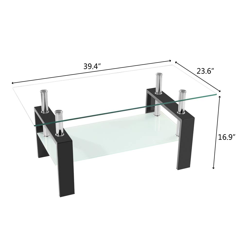 Modern Black Rectangle Glass Coffee Table with Metal Legs & Lower Shelf - Stylish Living Room Centerpiece for Home Decor & Entertaining