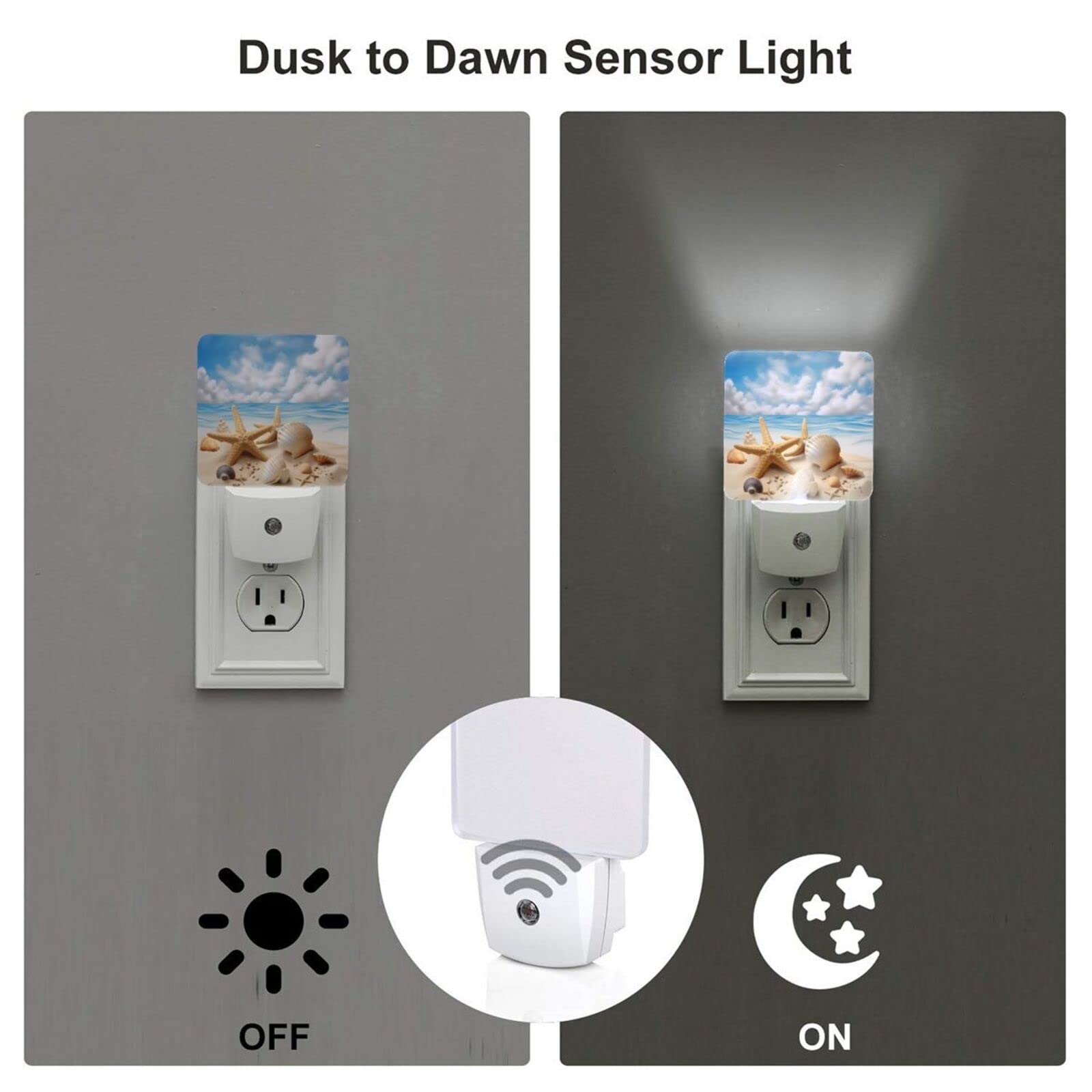 Starfish Seashell Night Light Set of 2 - Auto Sensor LED Dusk-to-Dawn Plug-in Nightlights for Bedroom, Bathroom, Kitchen, Hallway & Stairs - Perfect for Summer Beach Decor & Nighttime Safety Lighting
