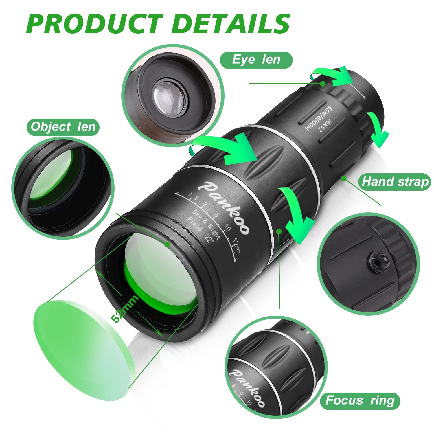 16X52 High Power Monocular Telescope for Adults - Compact & Lightweight HD Prism Monocular for Bird Watching, Hiking, Concerts, Travel - Perfect Outdoor Gift for Nature Enthusiasts & Adventurers