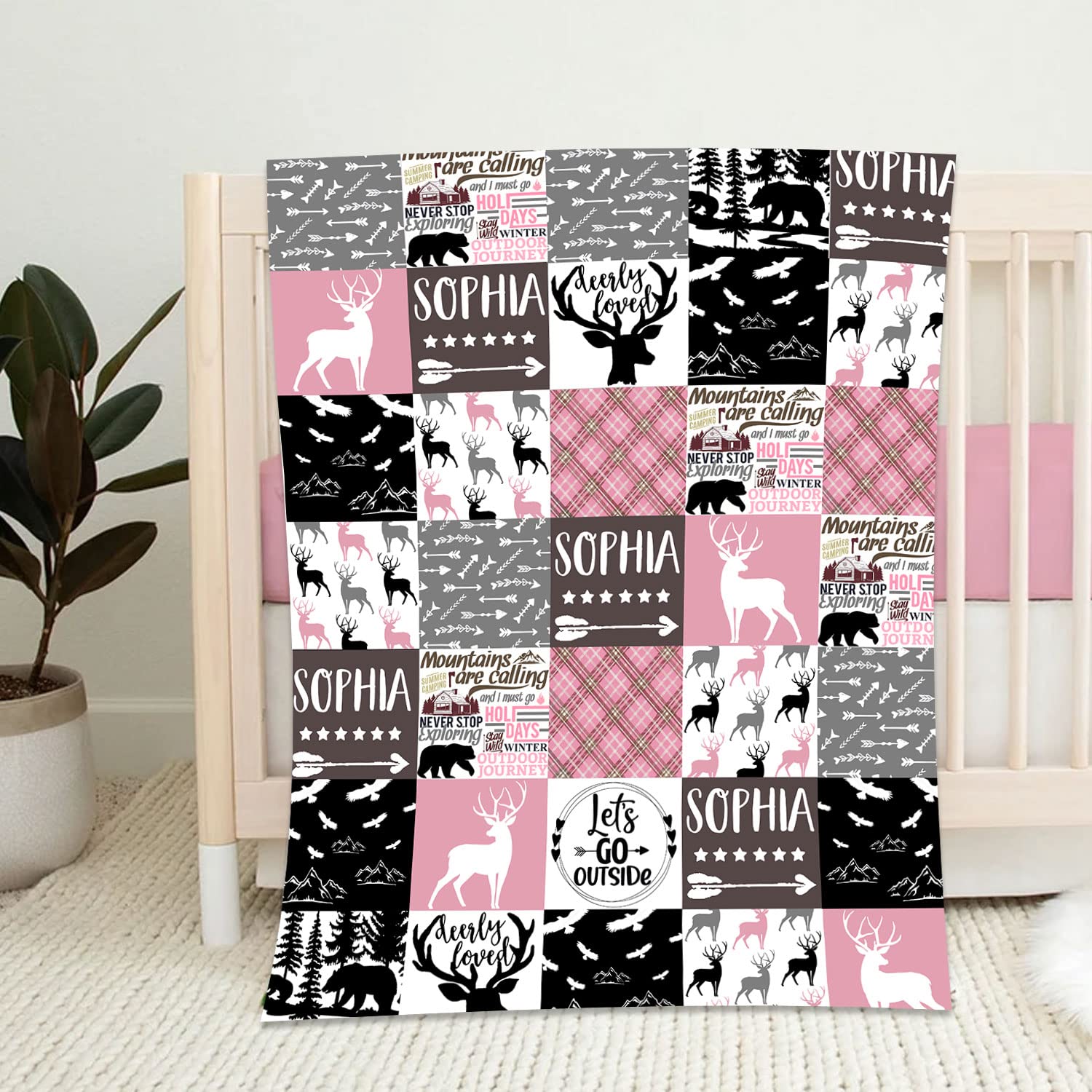 Personalized Deer Baby Blanket - Woodland Boho Nursery Blanket for Boys & Girls - Camo Moose Deer Bear Themed Soft Blanket - Tribal Woodland Baby Shower Gift (10) - Perfect for Nursery Decor, Newborn Photos & Cozy Swaddling