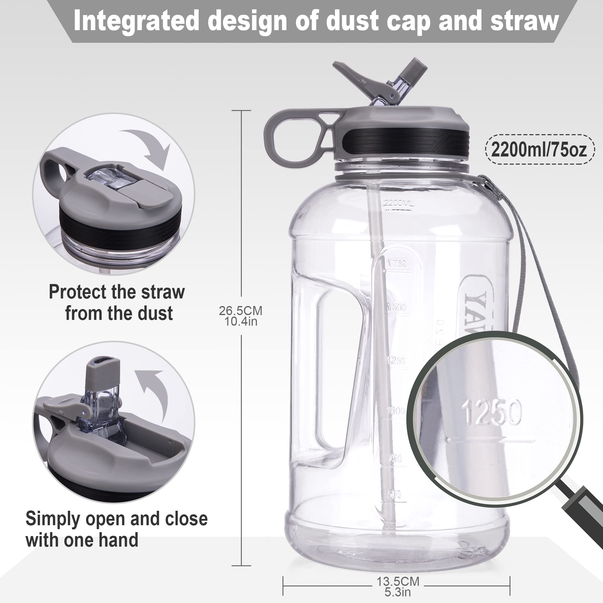 **2.2L (74oz) Large Leakproof Sports Water Bottle with Straw & Handle - BPA Free Half Gallon Water Jug for Camping, Hiking, Gym & Outdoor Activities (Clear)**