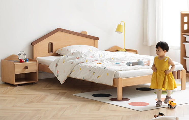 Kids Wooden Bed with Night Light - Beech & Poplar Little House Design with 15-Minute Auto Light Off - Perfect for Bedrooms, Playrooms & Cozy Sleep Spaces