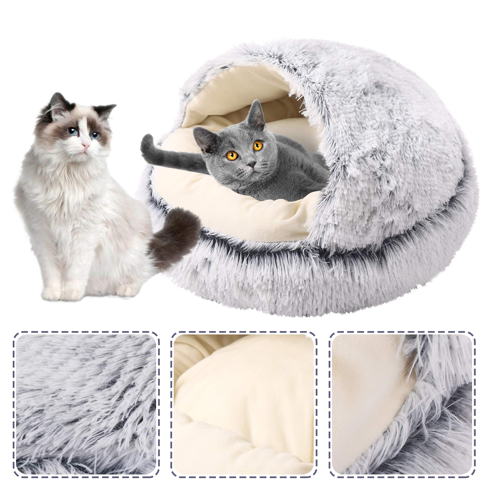 NIBESSER 2-in-1 Covered Cat Bed Cave - Self Warming Hooded Donut Pet Bed for Indoor Cats & Small Dogs | Plush Round Kitten Bed & Fluffy Dog Bed | Machine Washable Soft Pet Bed for Cozy Napping & Winter Warmth