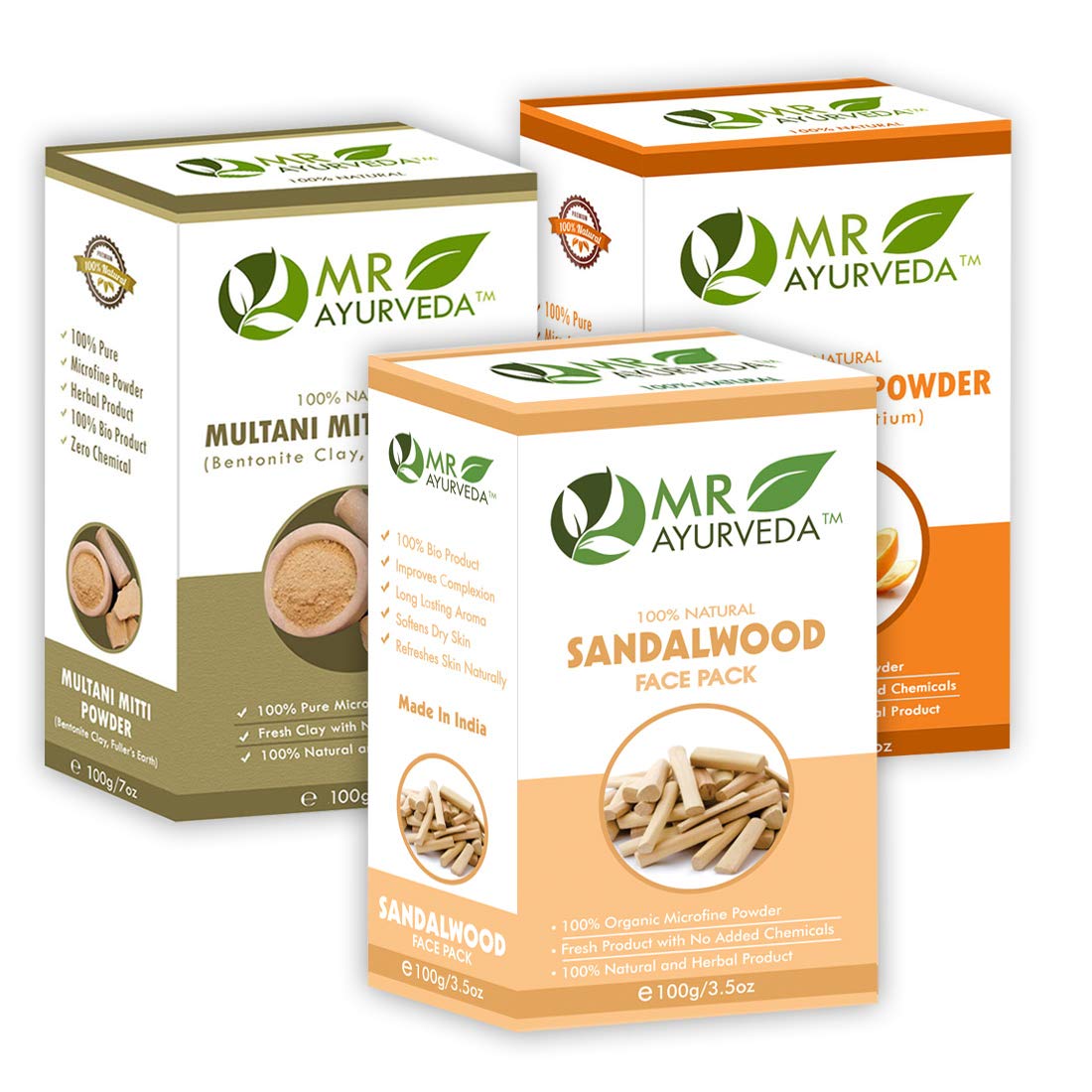 MR Ayurveda Sandalwood Face Pack Powder, Multani Mitti Clay Powder & Orange Peel Powder - 3-in-1 Natural Skincare Set (100g Each) for Glowing Skin, Acne Treatment & Deep Cleansing | Perfect for Daily Face Care Routine & Spa Treatments