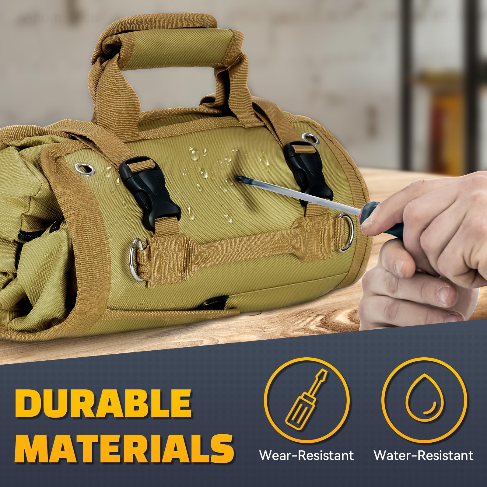 Tomorotec Heavy Duty Roll Up Tool Bag Organizer with 2 Detachable Pouches - Labeled Compartments & Expandable Pockets for Compact Tool Storage - Perfect for Electricians, Mechanics & DIY Home Improvement Projects