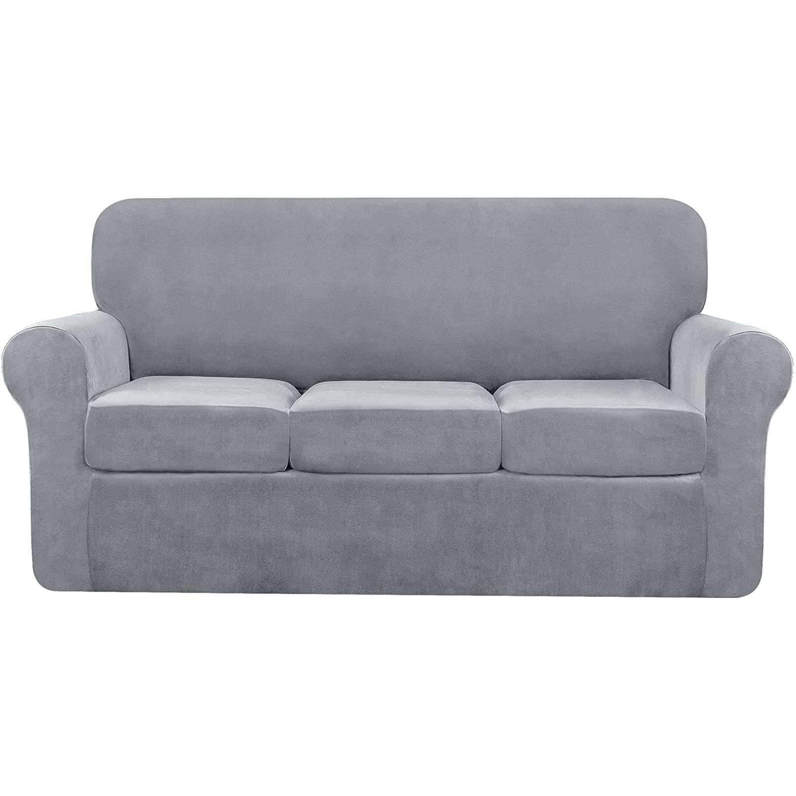 Luxury Velvet Plush Sofa Slipcover with Separate Cushion Covers - 3-Seat Stretch Couch Cover, Washable Furniture Protector for Living Room (Light Gray) - Perfect for Home Decor, Pet Protection & Daily Use