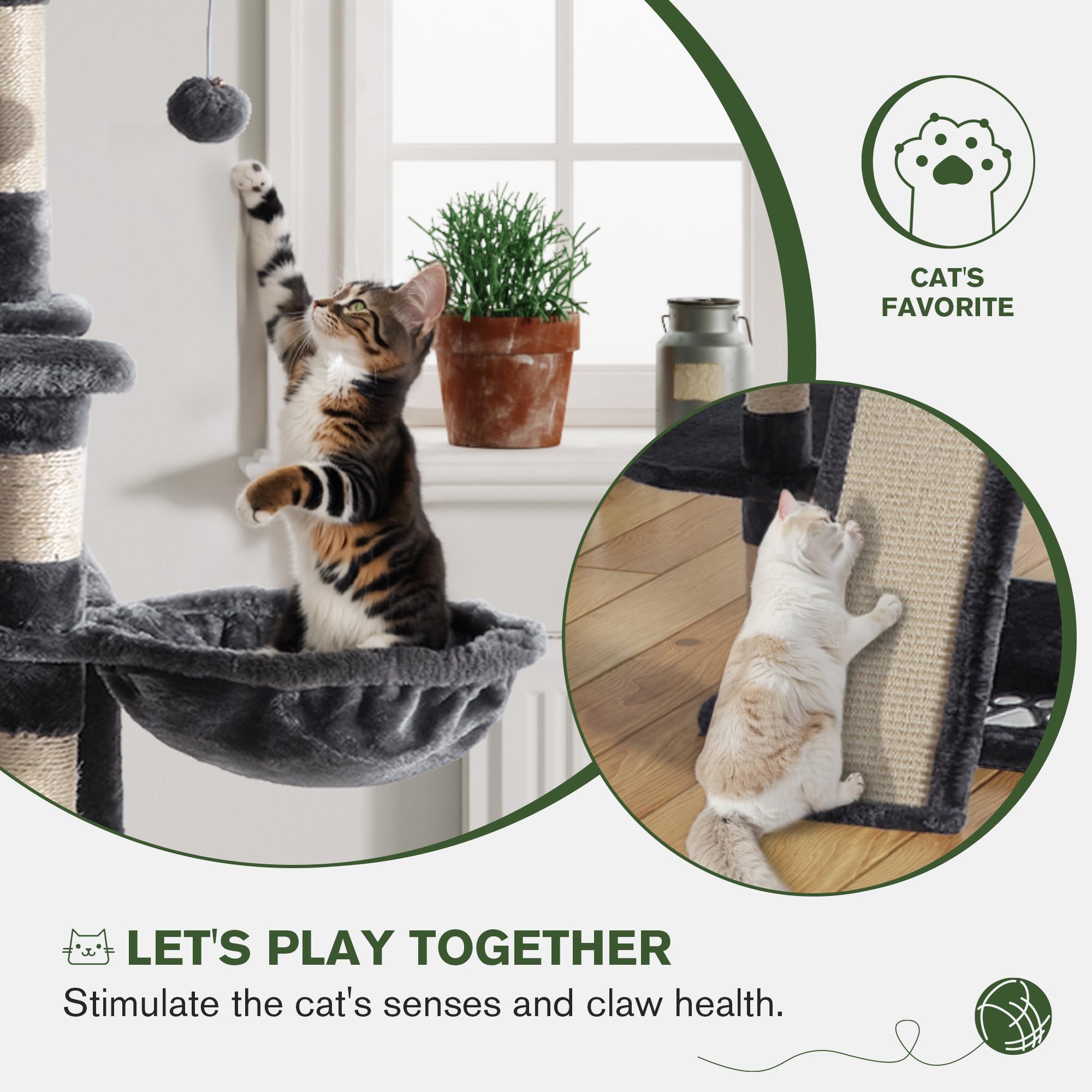 IMUsee 68 Inches Multi-Level Large Cat Tree for Big Cats - Sturdy Cat Tower with Condo, Plush Perches, Sisal Scratching Posts & Hammocks - Feline Activity Center & Playhouse in Smoky Grey - Perfect for Indoor Cats & Large Breed Kitties