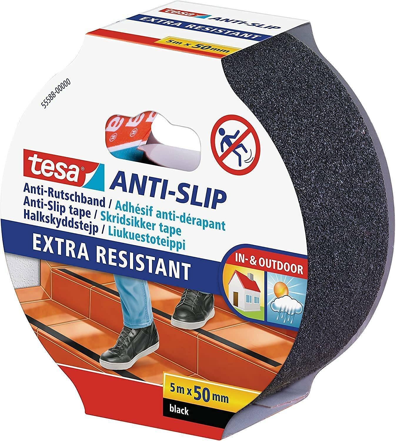 Tesa 55588-00001-00 Anti-Slip Tape, Black - Non-Skid Safety Grip Tape for Stairs, Ramps & Floors - Waterproof Adhesive Traction Tape for Indoor/Outdoor Use