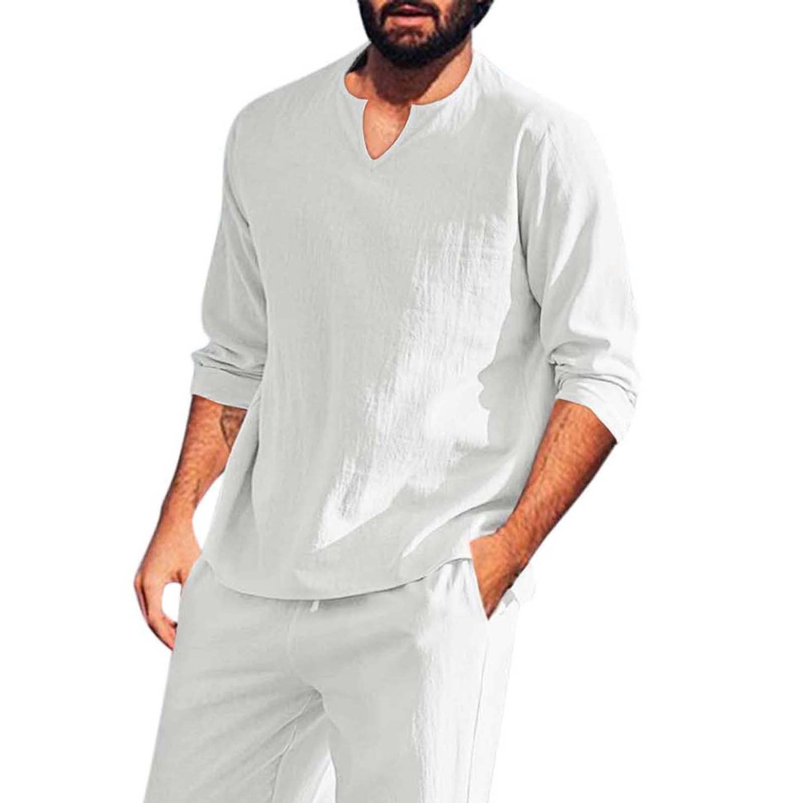 Men's White Linen Beach Shirt - Breathable Cotton Linen Henley Long Sleeve Button Down Shirt for Summer, Yoga & Casual Wear | Lightweight Comfort for Vacations, Outdoor Activities & Relaxation