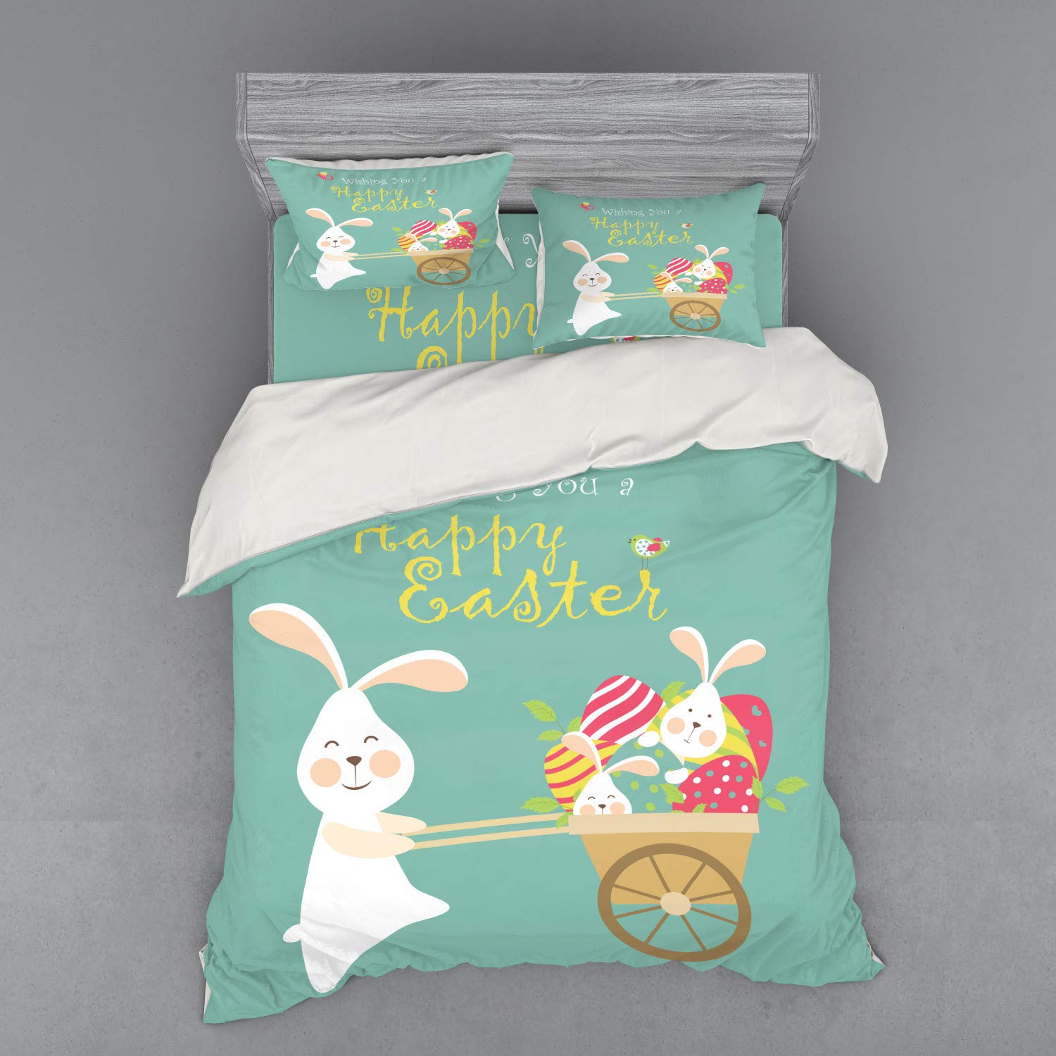 Ambesonne Easter Bedding Set - 3 Piece Queen Size Duvet Cover with Sham & Fitted Sheet, Colorful Bunny & Egg Design for Spring Holiday Decor | Perfect for Easter Bunny Themed Bedrooms & Seasonal Home Decor