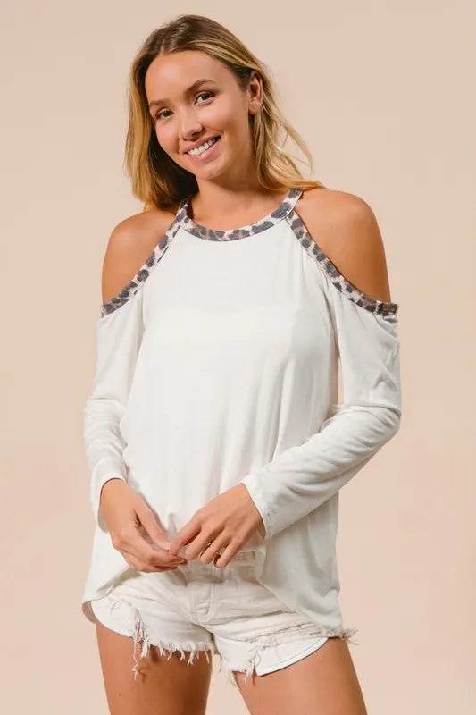 Stylish BiBi Jersey Knit Cold Shoulder Top with Leopard Print Neckline - Trendy Women's Fashion for Casual Outings & Date Nights