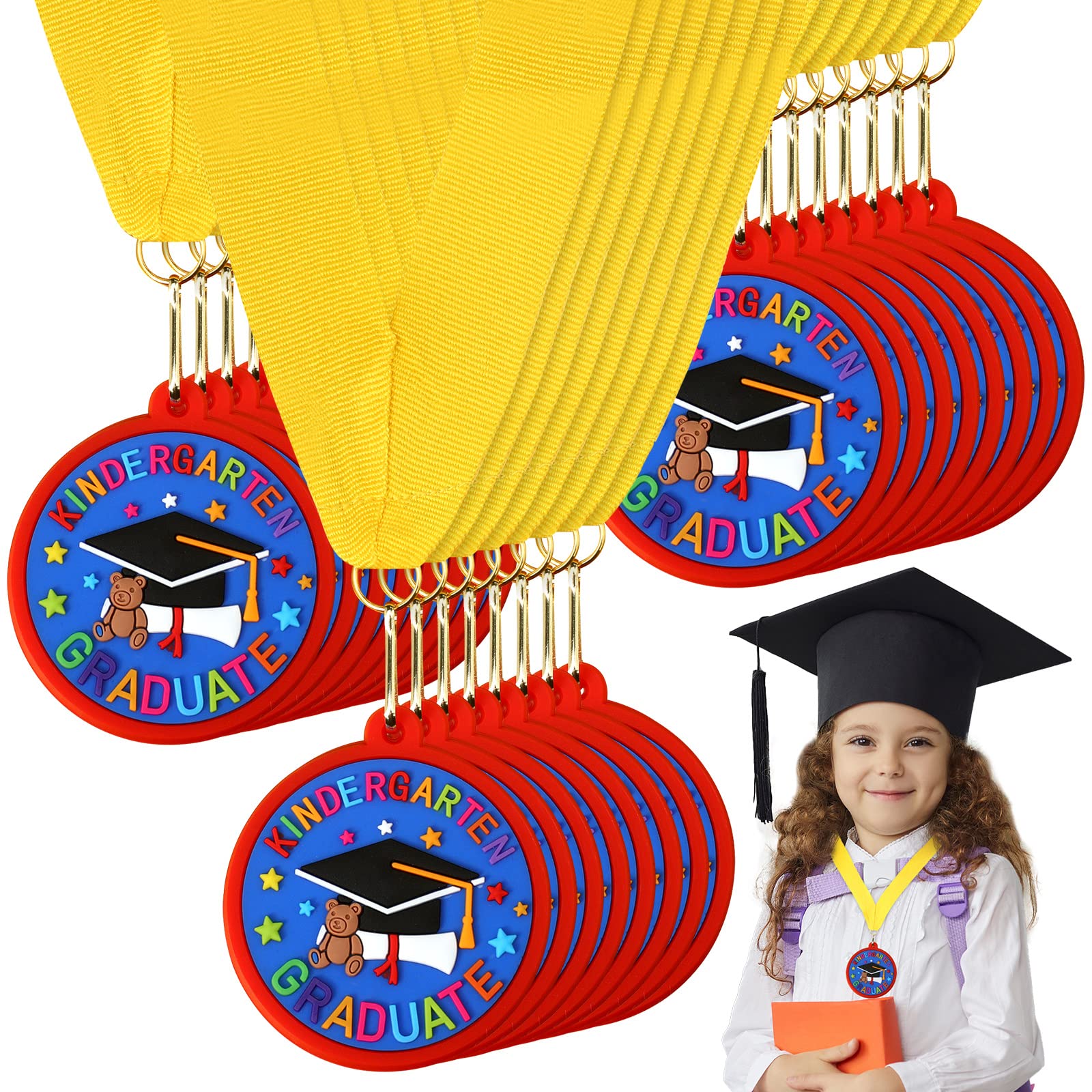 24 Pcs Kindergarten Preschool Graduation Medals for Kids - 2 Inch Award Medals with Yellow Ribbon - Perfect for Graduation Ceremonies, School Parties & Student Recognition Events