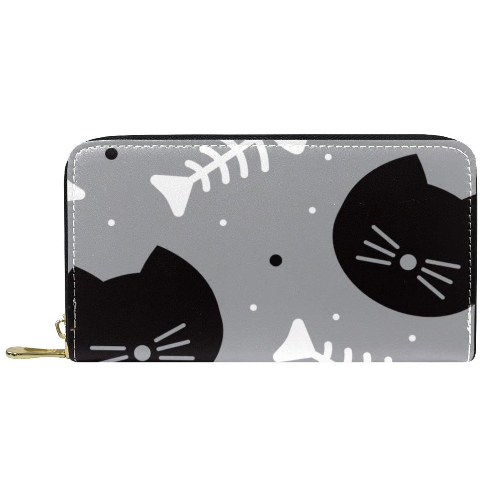 Classic Long Leather Wallet with Print - Stylish Clutch Travel Coin Purse for Women & Men | Black Cat & White Fish Bone Design | Perfect for Everyday Use, Travel & Gift Giving