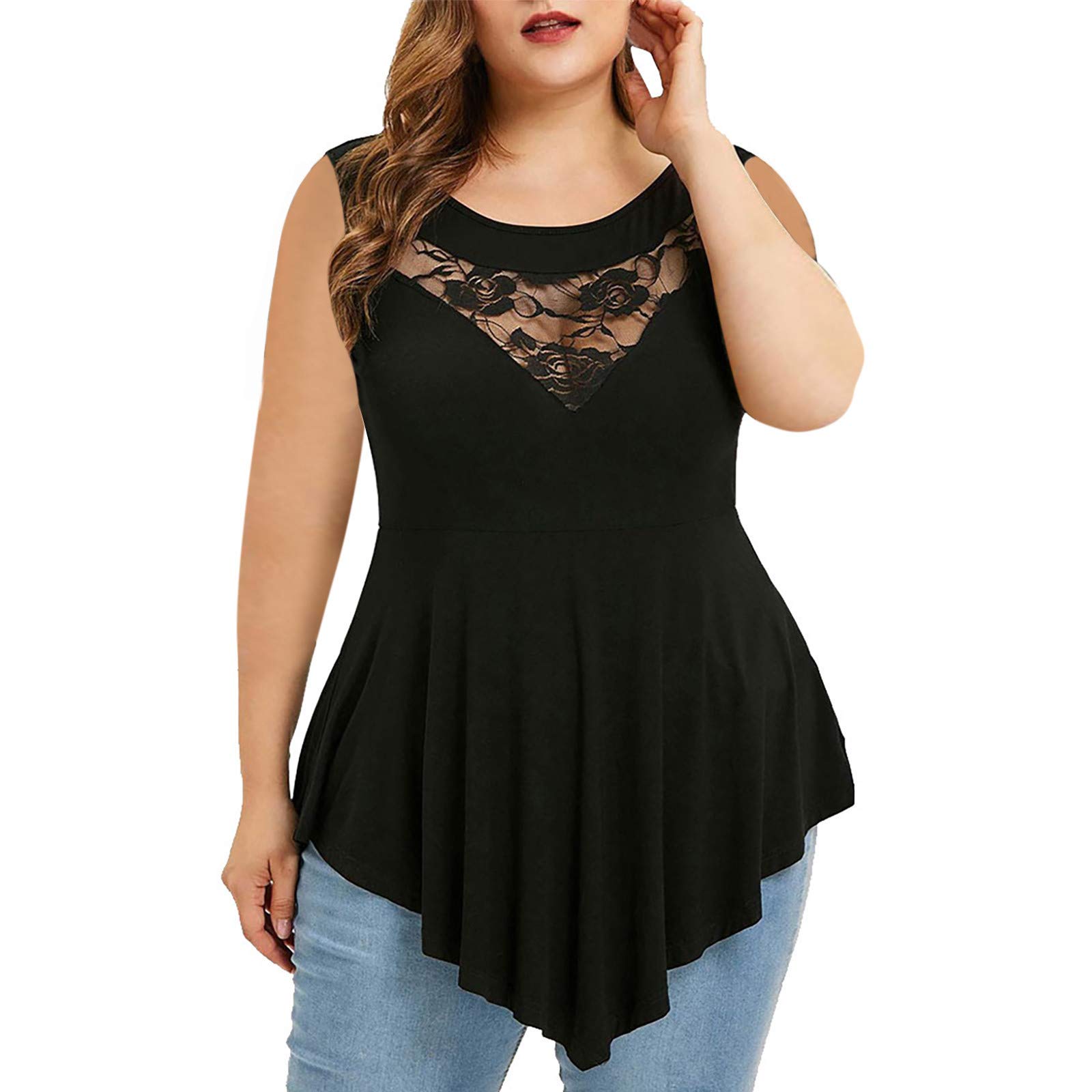 Women's Plus Size Sleeveless Lace Blouse - Floral Asymmetric O-Neck Solid Top for Casual Wear & Sleep Tee | Perfect for Summer Outfits, Office Attire & Lounge Wear