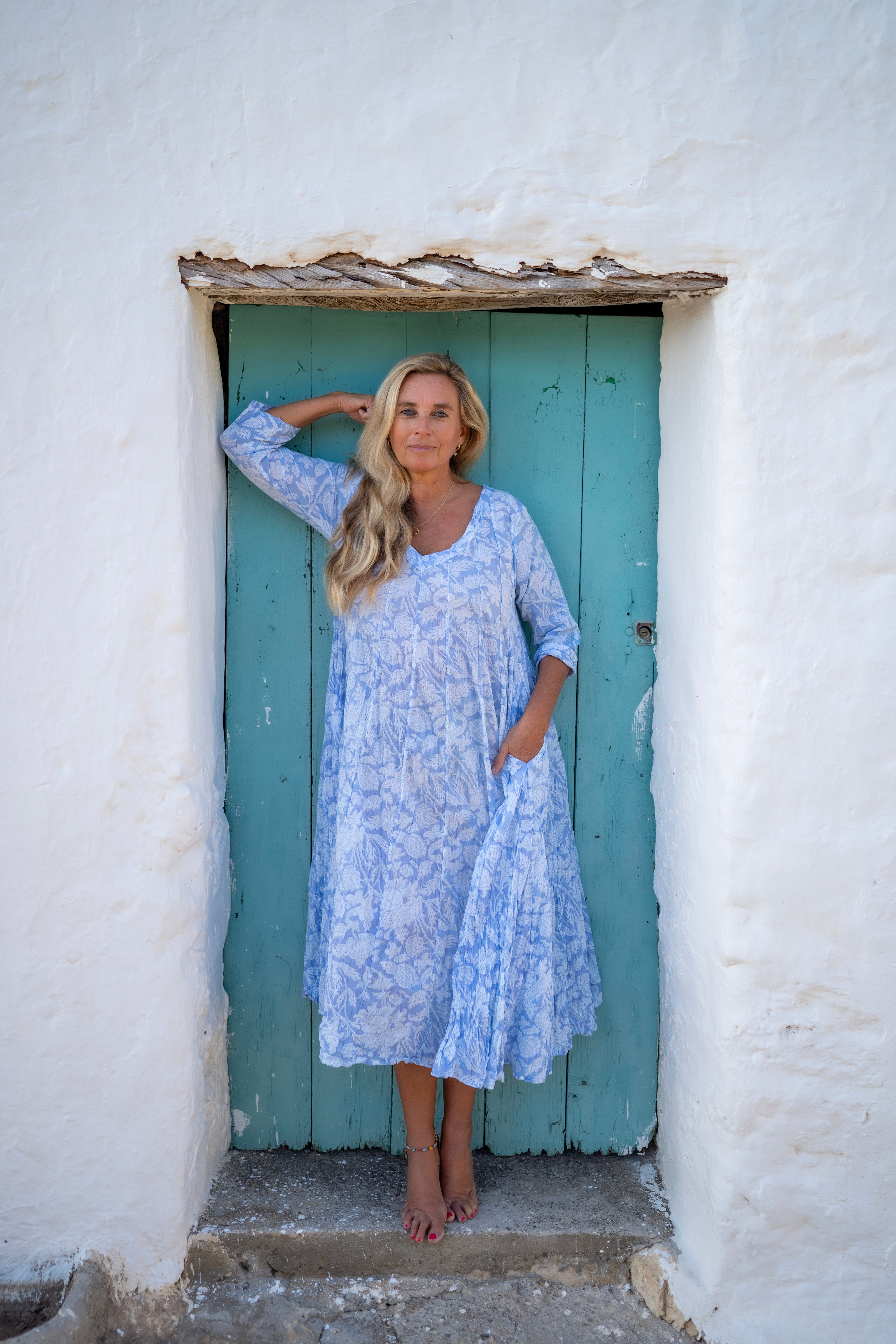 Ibeka Women's Light Blue Cotton Maxi Dress - Flowy Summer Beach Dress for Casual Outings & Vacations