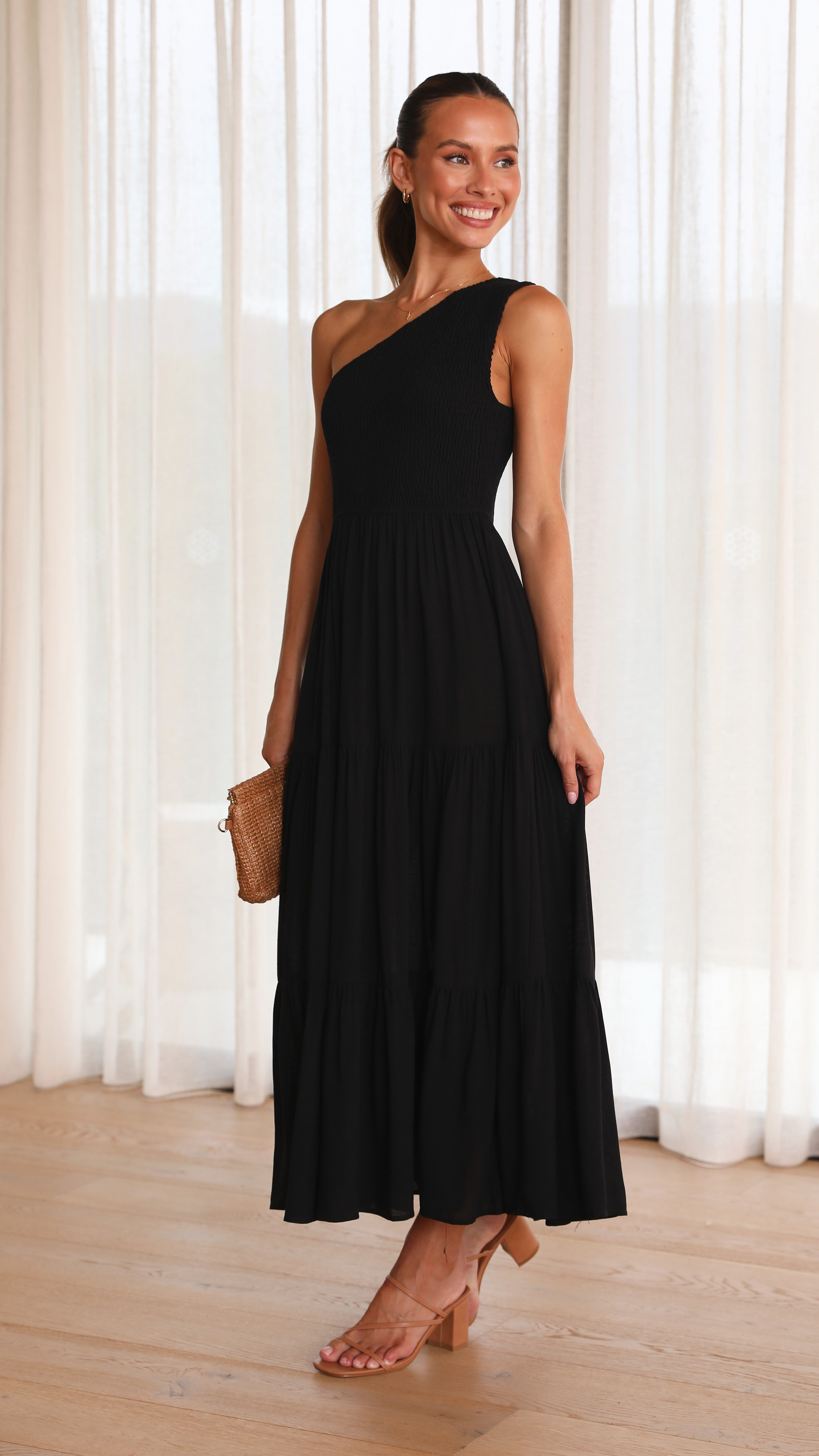 Elegant Black Cassy Midi Dress for Women | Flattering A-Line Summer Dress | Perfect for Parties, Weddings & Office Wear