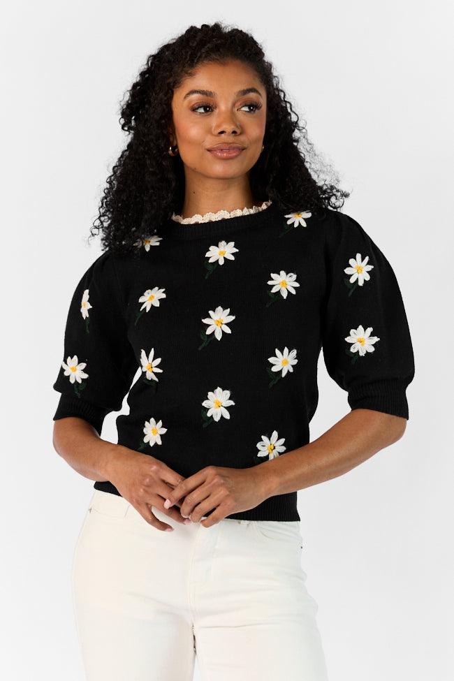 Black Floral Embroidered Lace Trim Short Sleeve Sweater - Elegant Garden Party Top for Women | Casual Spring Outfit & Romantic Date Night Blouse