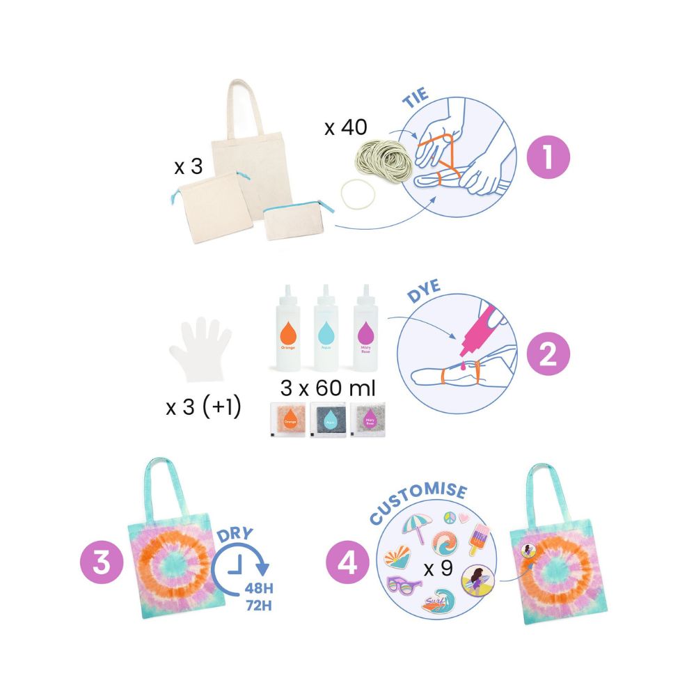 DIY Tie Dye Kit for Kids & Adults - Djeco Creative Arts & Crafts Set - Perfect for Birthday Parties, Summer Camp Activities & Family Bonding Time