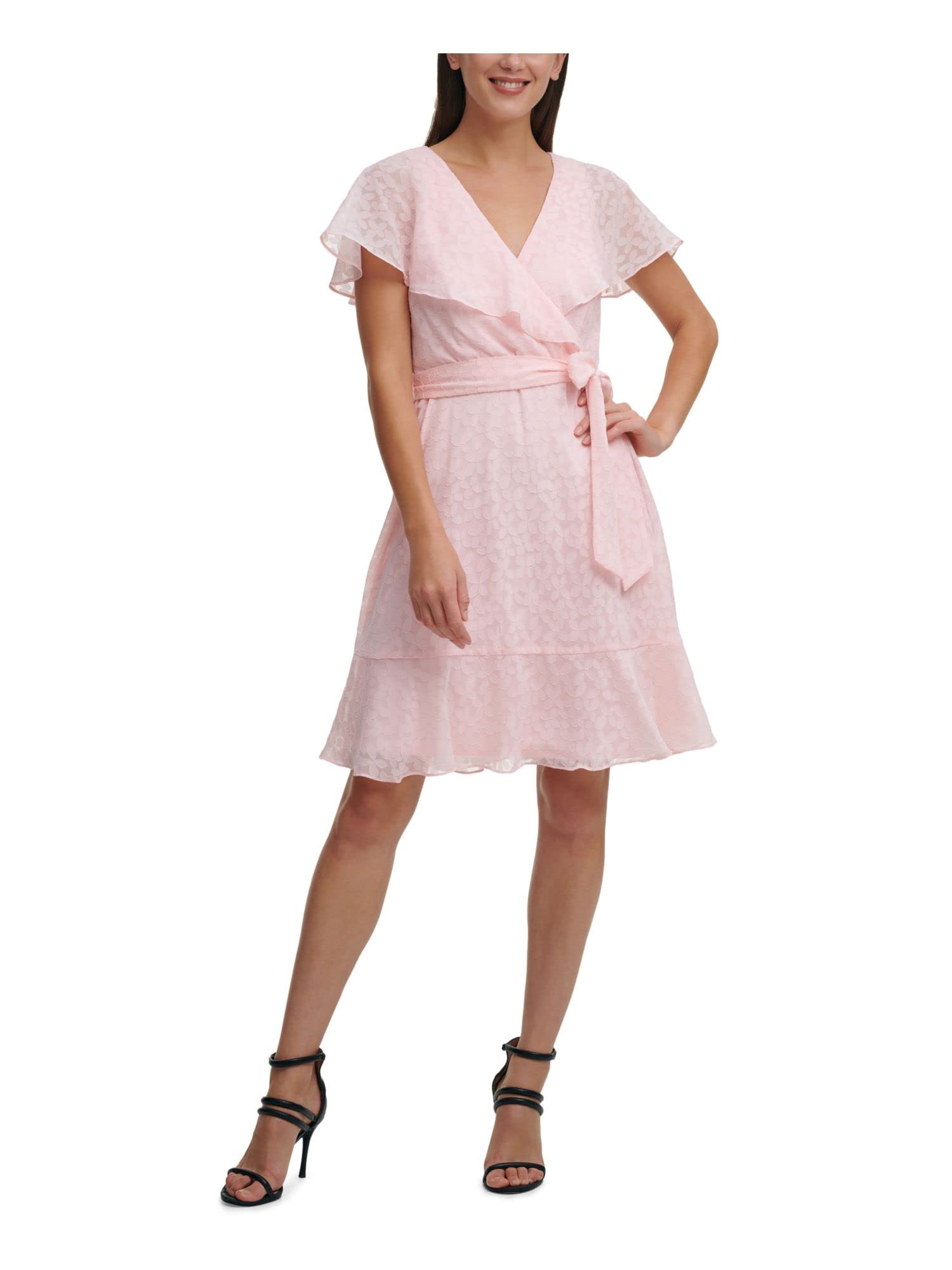 DKNY Women's Pink Ruffled Belted Printed Flutter Sleeve Surplice Neckline Faux Wrap Dress - Perfect for Cocktail Parties, Date Nights & Special Occasions (Size 6, Above The Knee Length)