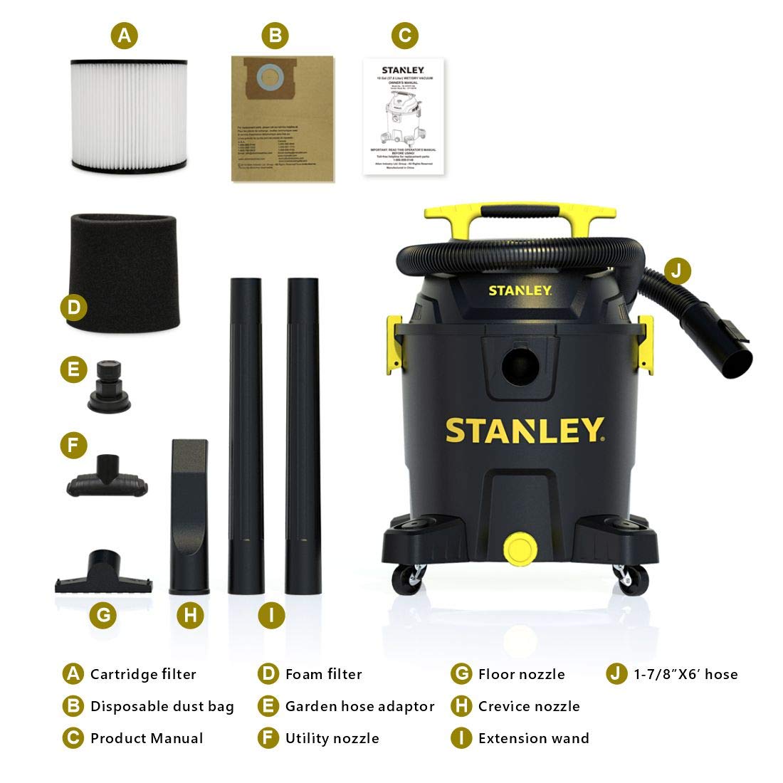 STANLEY 10 Gallon Wet Dry Vacuum Cleaner | 6 Peak HP Poly Built-in Drain Shop Vac Blower | Powerful Suction for Garage, Workshop & Home Cleaning | Multi-Functional for Dust, Debris & Liquid Pickup