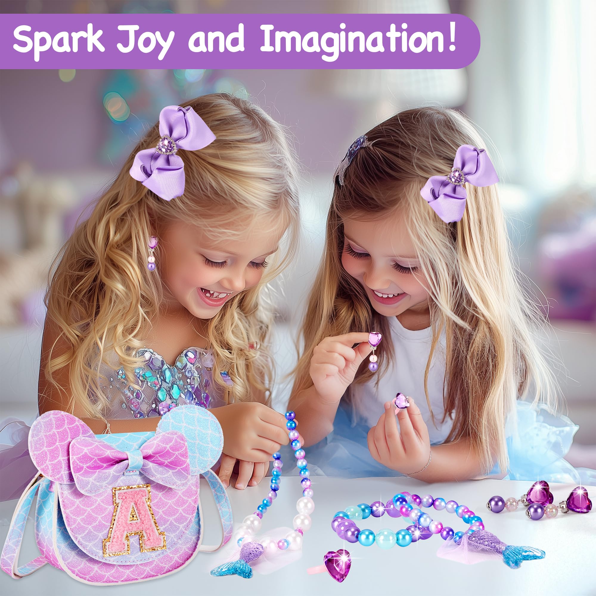 **Adorable Mermaid Toddler Purse Set for Girls Age 3-8 - Princess Dress Up Jewelry & Mini Mouse Ears - Perfect Birthday Gift for Little Girls (Mermaid Purple) - Ideal for Birthday Parties, Dress Up Play & Pretend Play**