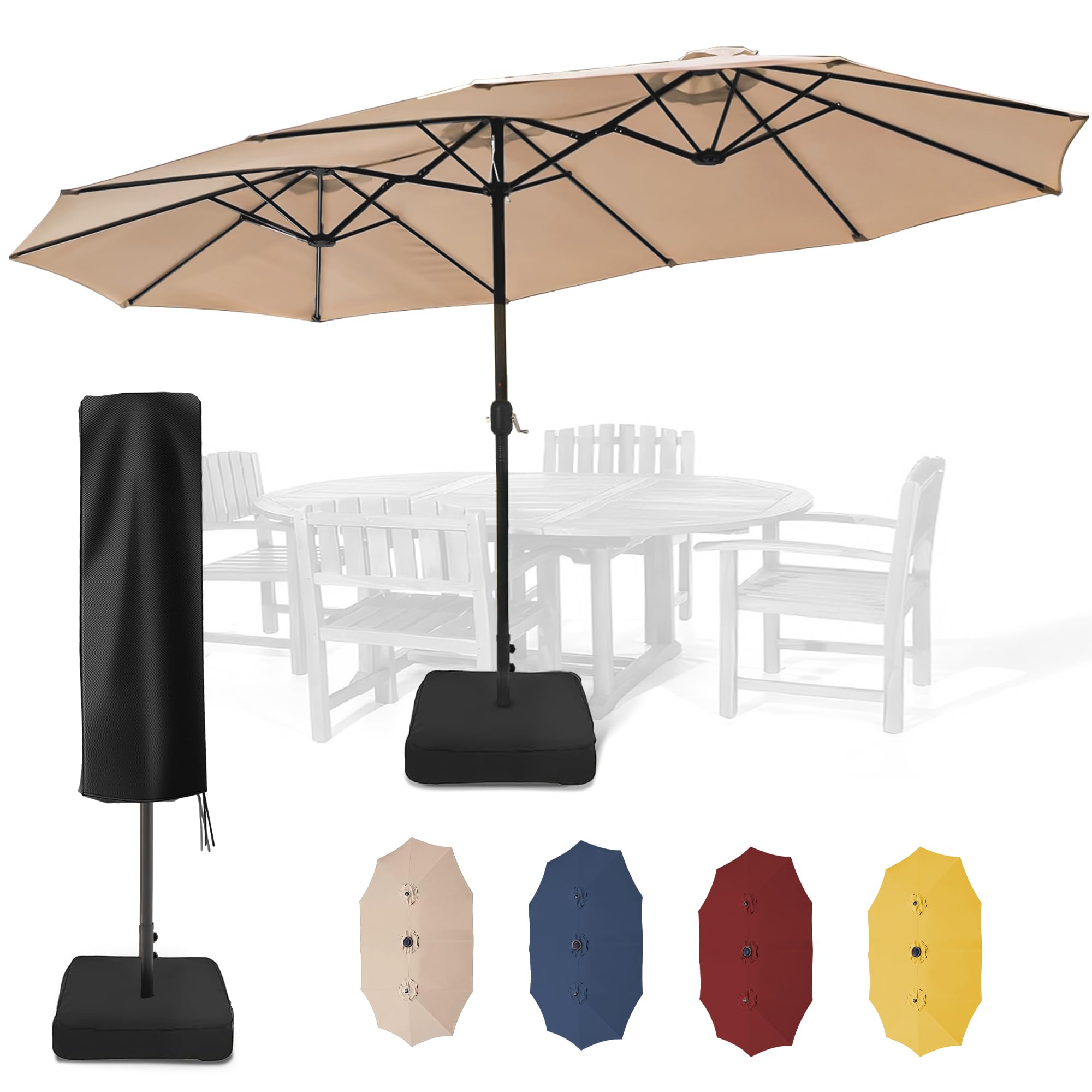 15ft Large Outdoor Patio Umbrella with Heavy Duty Base & Protective Cover - Double-Sided Sun Shade for Pool, Garden, Backyard, and Beach Relaxation