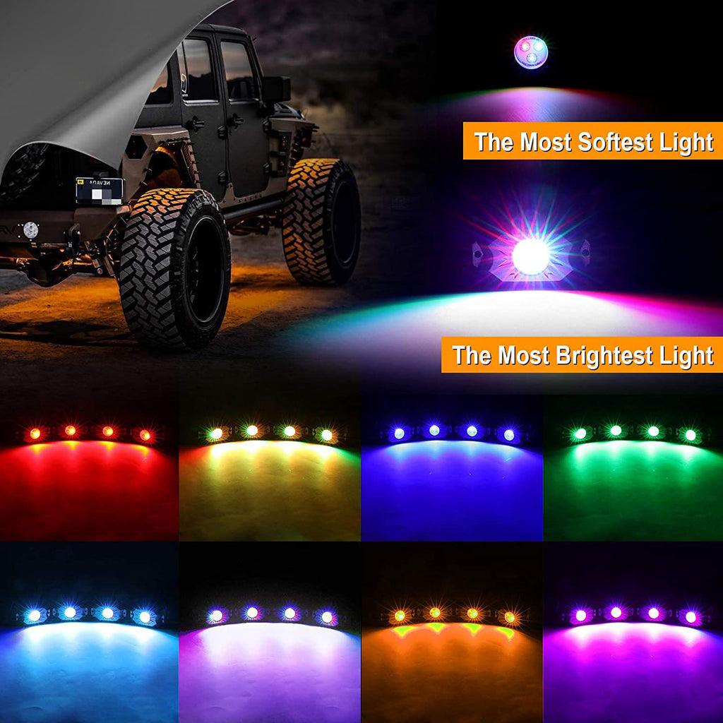 2Pcs 4FT RGB LED Whip Lights with Turn Signal & Brake Light + RGB LED Rock Lights Set - Bluetooth Controlled Car Underglow & Exterior Lighting for Off-Road Trucks, Jeeps & ATVs - Perfect for Night Driving, Car Shows & Off-Road Adventures