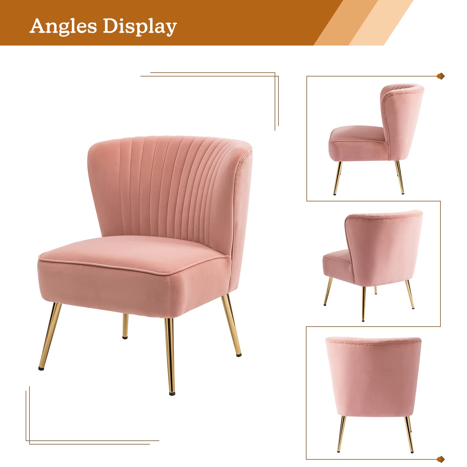 Monica Velvet Armless Side Chair Set of 2 - Upholstered Accent Chairs with Golden Legs, Mid Century Modern Wingback Slipper Chairs for Living Room, Bedroom & Guest Room - Blush Pink - Perfect for Home Decor, Lounge Seating & Elegant Gatherings
