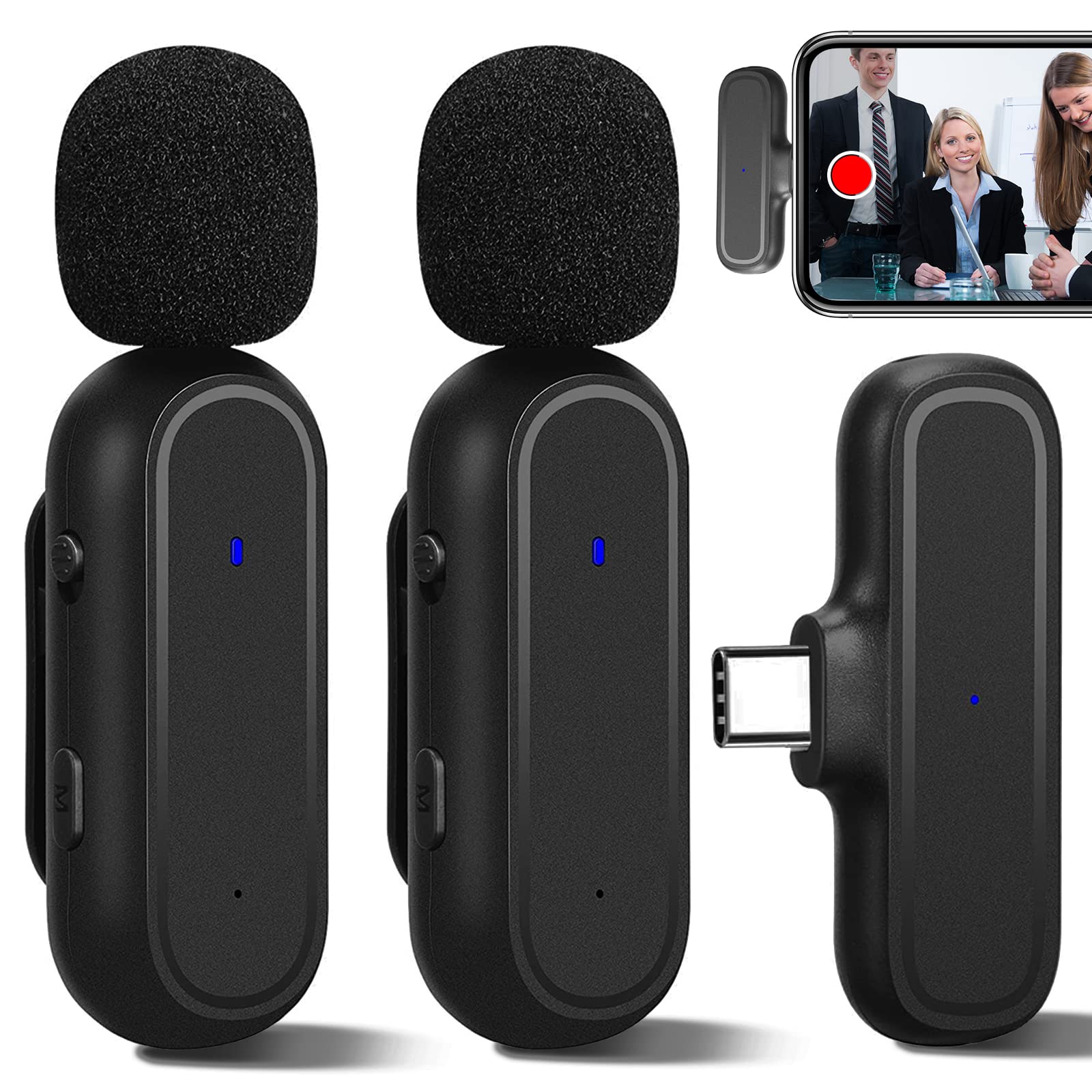 Wireless Lavalier Microphone for Type-C Phones - Plug & Play USB-C Mic with 2 Mics & Clips - Noise Cancelling for YouTube, TikTok, Facebook Live - Perfect for Vlogging, Podcasting, Interviews & Video Recording