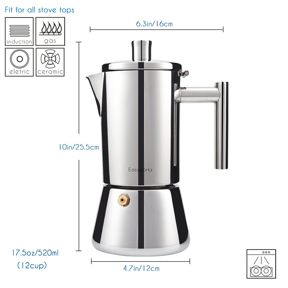 Easyworkz Diego 12-Cup Stovetop Espresso Maker - 17.5 oz Moka Pot with Silicone Gasket Seals & Filter Screen Replacement - Perfect for Home Coffee Brewing, Camping & Italian-Style Espresso
