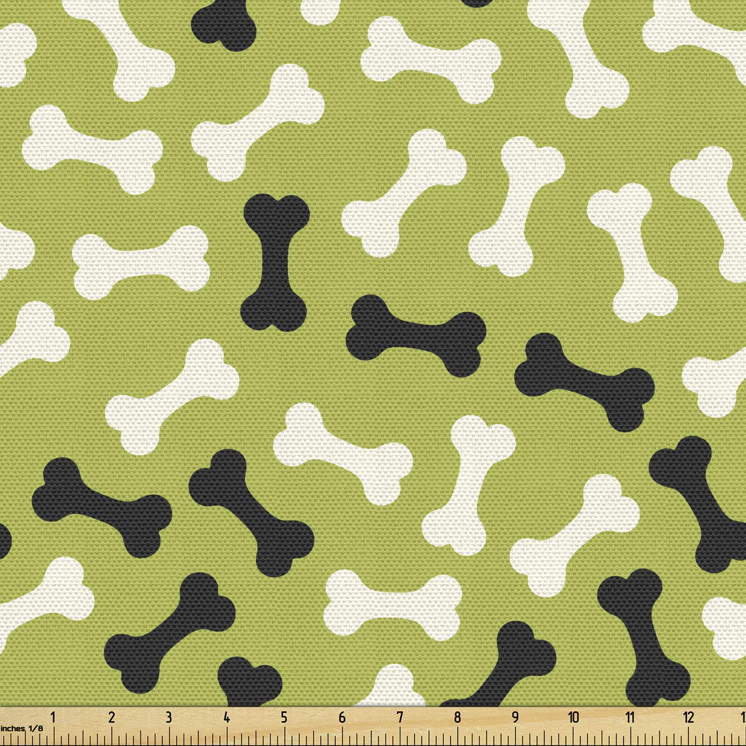 Lunarable Dog Bone Fabric by The Yard - Domestic Dog Breeds Nutrition Theme Abstract Bones Pattern Print - Decorative Upholstery Fabric for Pet Beds, Dog Blankets & Home Accents in Black, White & Apple Green - Perfect for DIY Dog Accessories & Pet-Friendly Home Decor