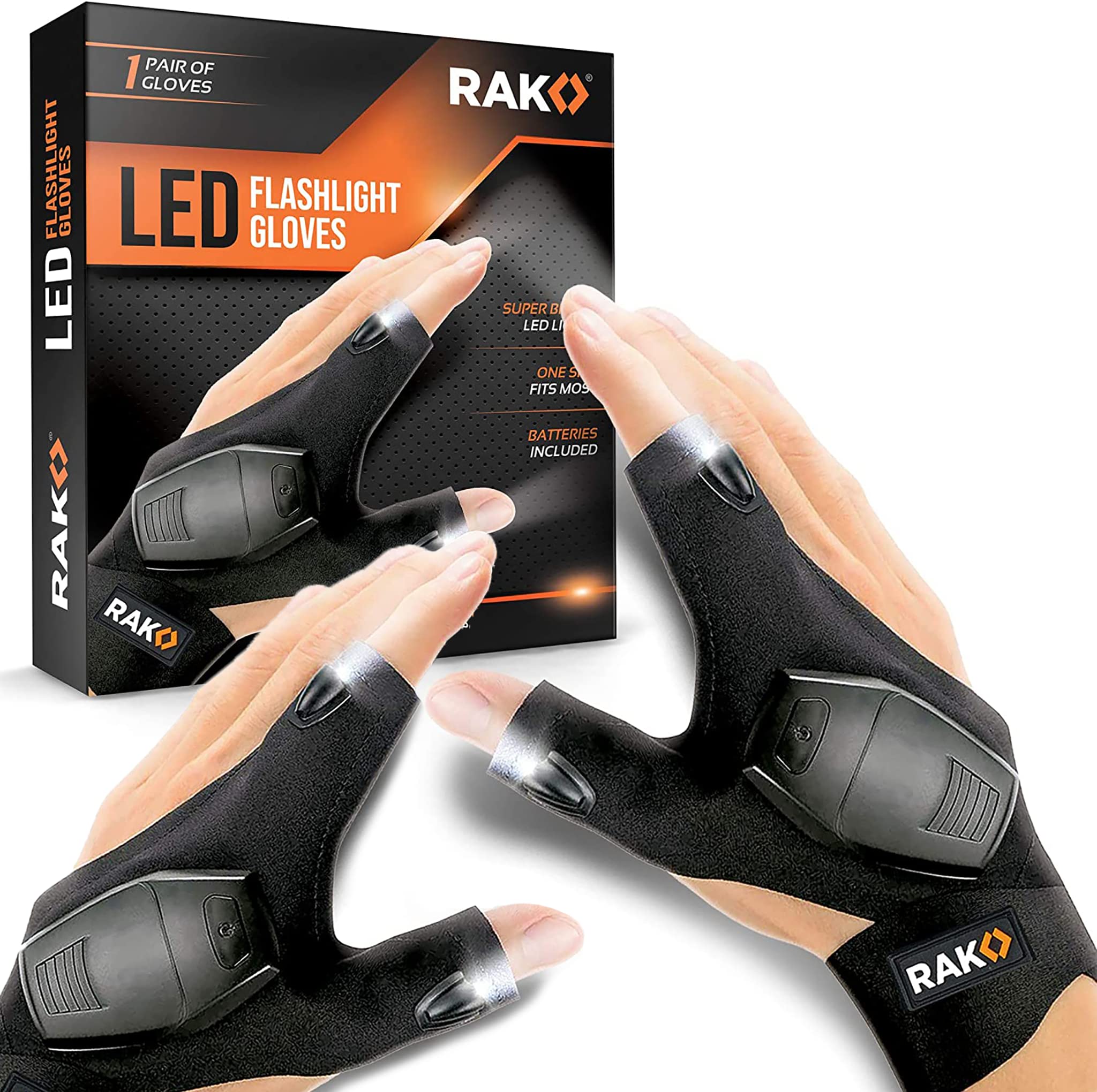 RAK LED Flashlight Gloves with AAA Batteries - Hands-Free Lighting for Outdoor Activities, Camping, Hiking, Running, and DIY Projects - Perfect Gift for Men, Women, and Kids