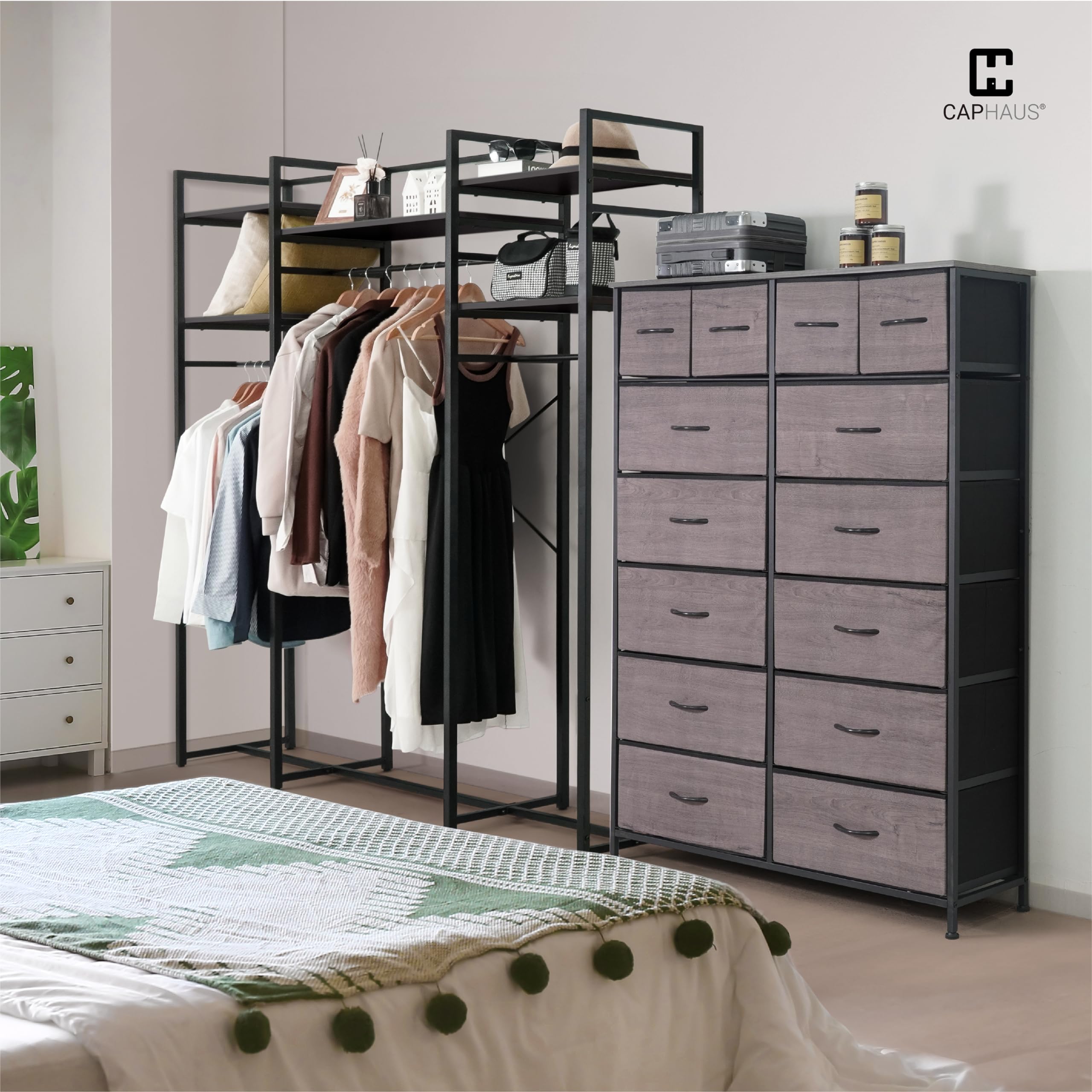 CAPHAUS 14-Bin Fabric Drawer Storage Tower with P2 Board Top - Laundry Organizer, Clothes Sorter, Multi-Purpose Chest of Drawers for Bedroom, Hallway, Office - Grey Oak Storage Solution for Home Organization