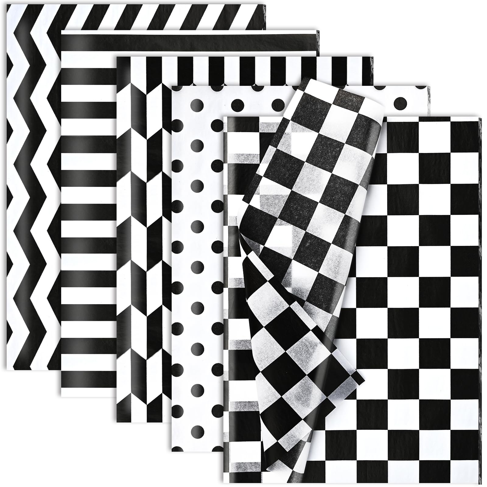 100-Sheet Black & White Plaid Tissue Paper - Star, Stripes, Dots, Checkerboard Patterns (5 Styles) - 14