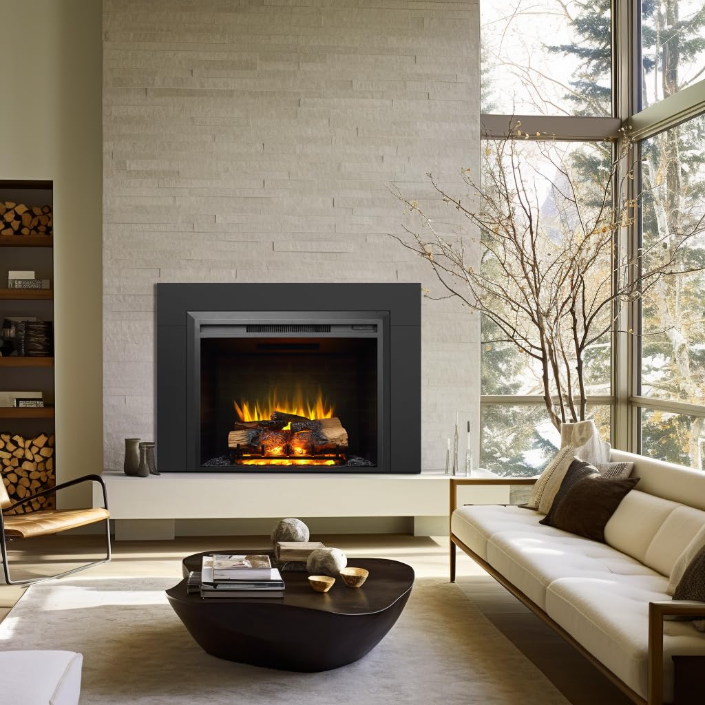 LegendFlame Carl 28-Inch Electric Fireplace Insert with Trim Kit - 750W/1500W Fireplace Heater with Realistic Crackling Sound, Adjustable Flame Speed & Remote Control - Black Wall Mounted Fireplace for Living Room, Bedroom & Office